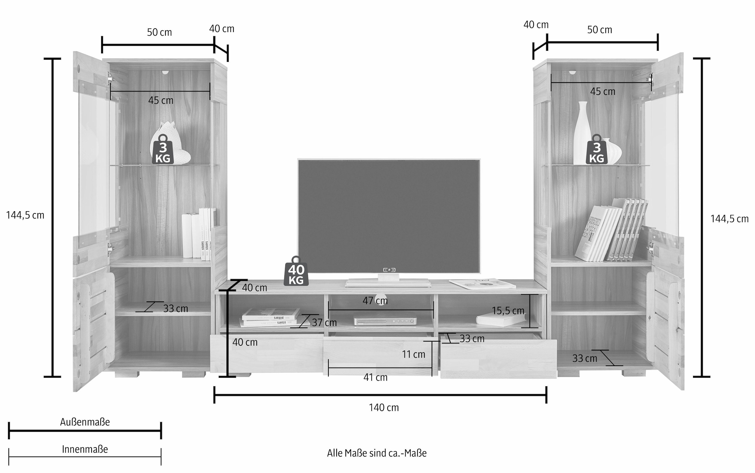 Woltra Wohnwand »Vetro«, (Set, 3 St.), teilmassives Holz