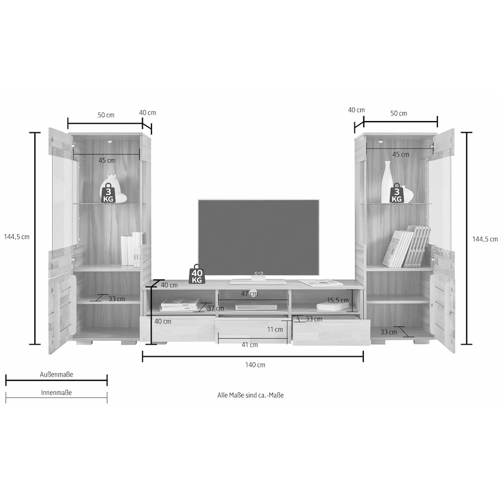 Woltra Wohnwand »Vetro«, (Set, 3 St.), teilmassives Holz