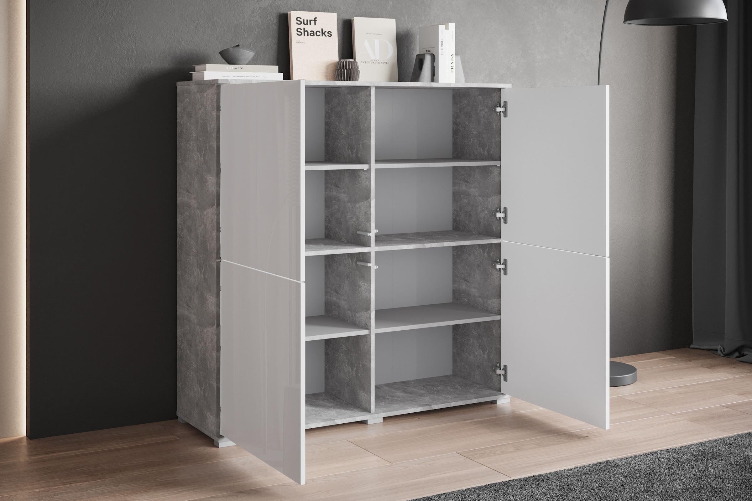 INOSIGN Highboard »Kenia, moderne grifflose Hochkommode mit 4 Türen, Breite 120 cm«, (1 St.), Push-to-Open-Fronten, höhenverstellbaren Einlegeböden
