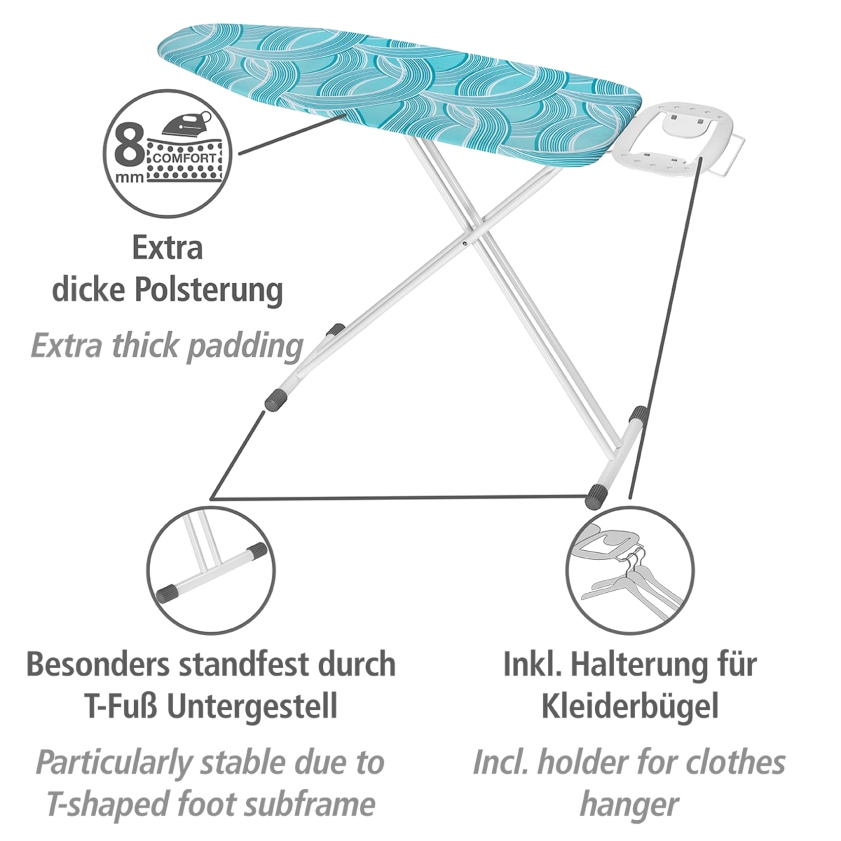 WENKO Bügelbrett »Modell Advance«, Bügelfläche 120 cmx42 cm, höhenverstellbarer Bügeltisch, platzsparend klappbar