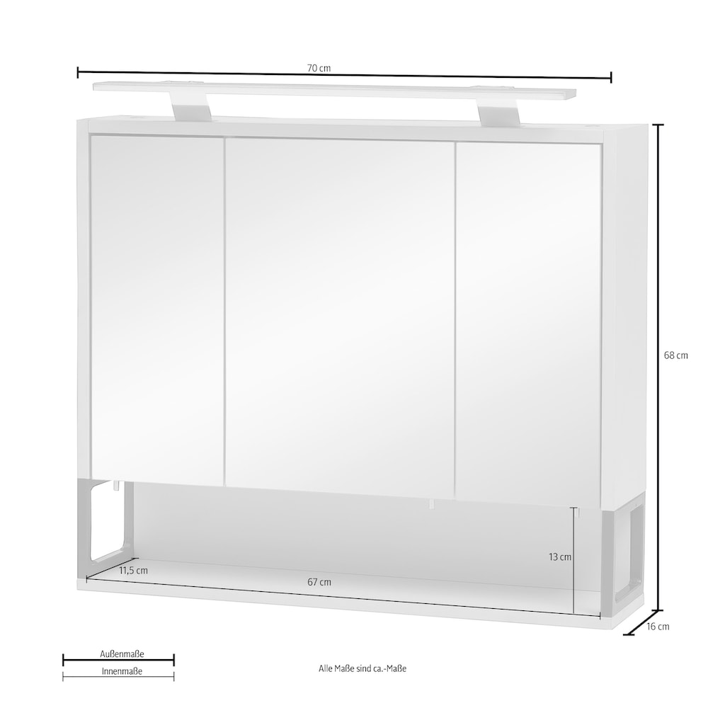 Schildmeyer Spiegelschrank »Limone«, Breite 70 cm, 3-türig, LED-Beleuchtung, Schalter-/Steckdosenbox