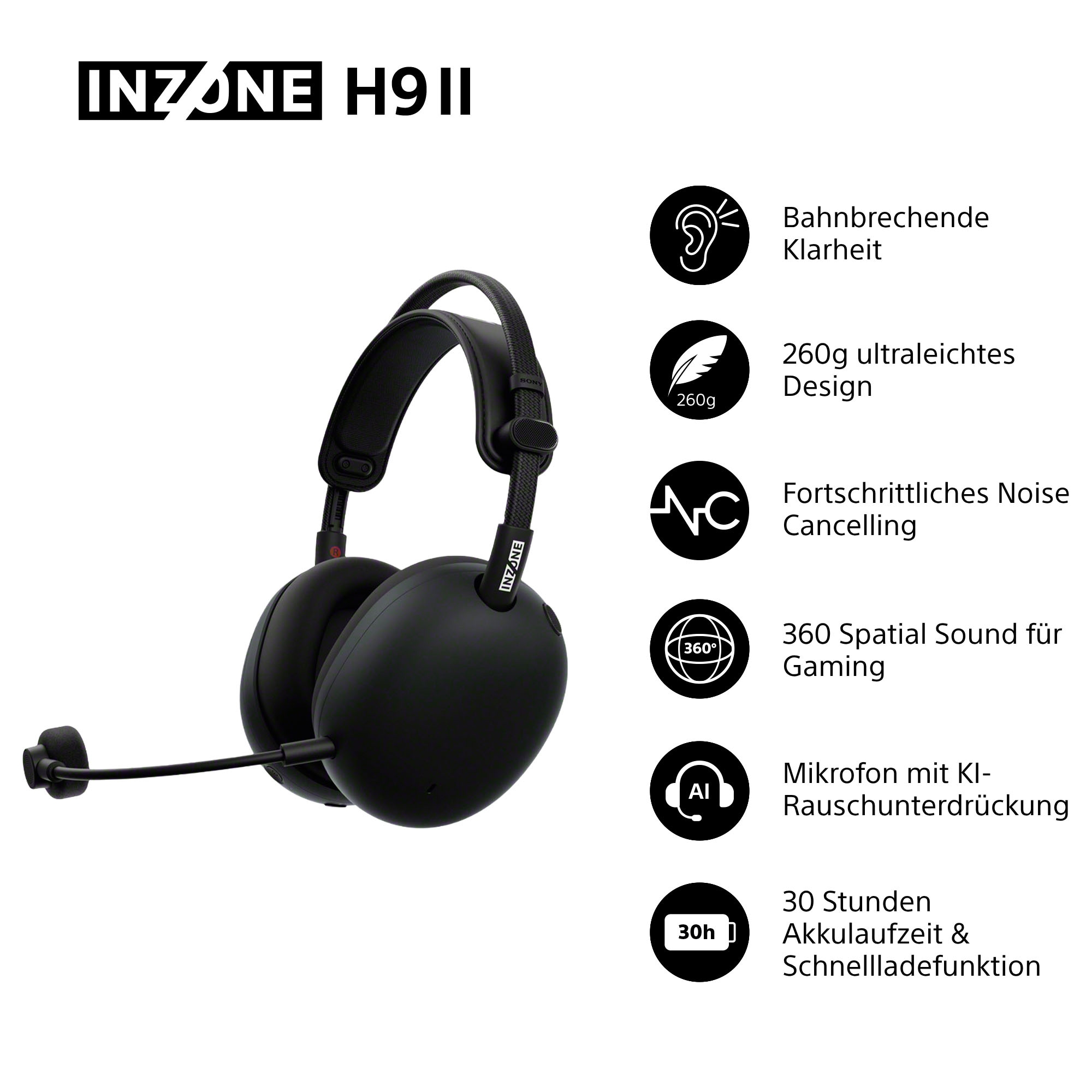 Sony Gaming-Headset »INZONE H9 II«, A2DP Bluetooth-AVRCP Bluetooth-Bluetooth-HFP-HSP, Adaptive Noise-Cancelling-Freisprechfunktion-Mikrofon abnehmbar-Rauschunterdrückung-Stummschaltung-Transparenzmodus