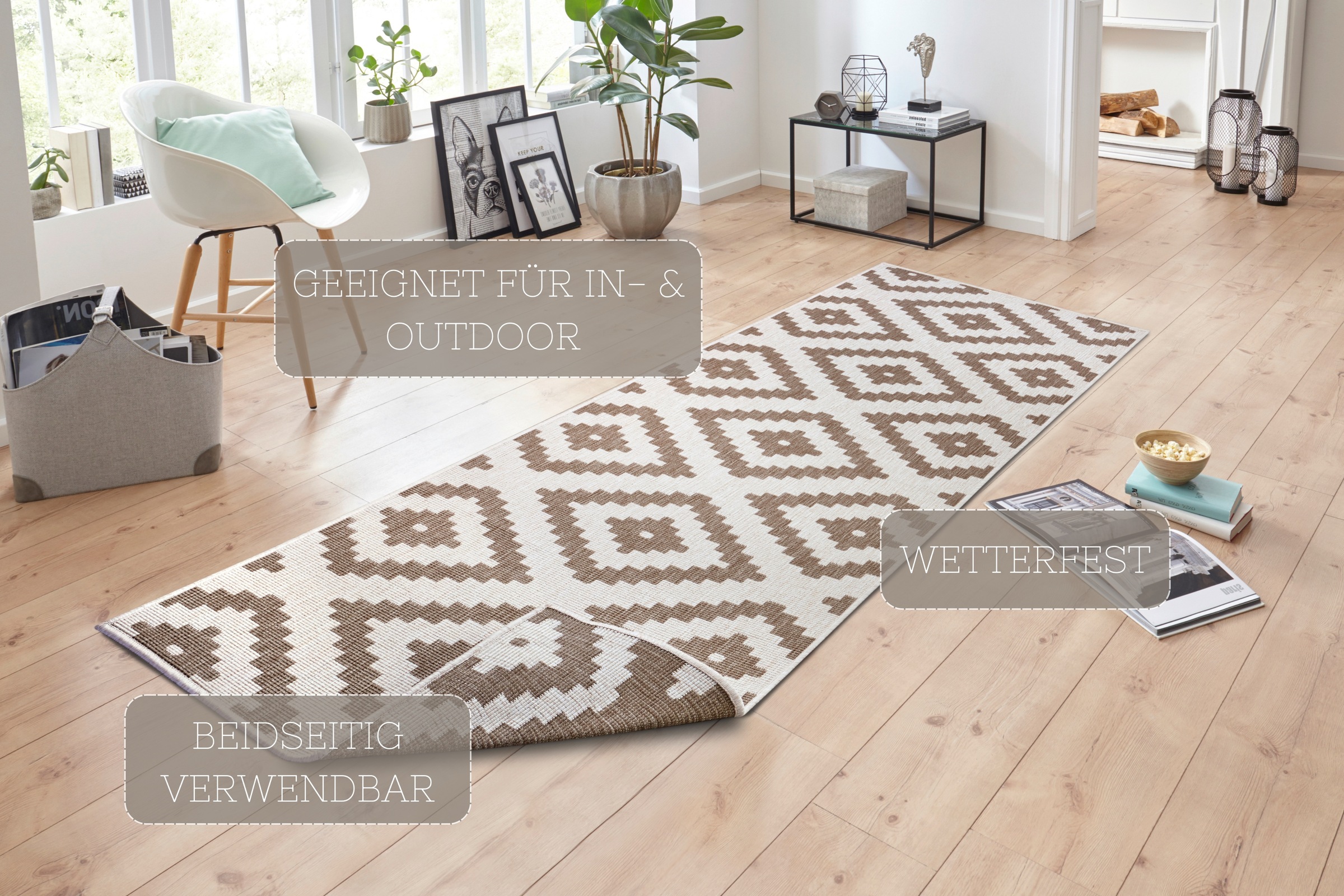 NORTHRUGS Teppich »Malta Wendeteppich«, rechteckig, 5 mm Höhe, In-& Outdoor, Wetterfest, Balkon, Terrasse, Raute, Läufer, Wohnzimmer