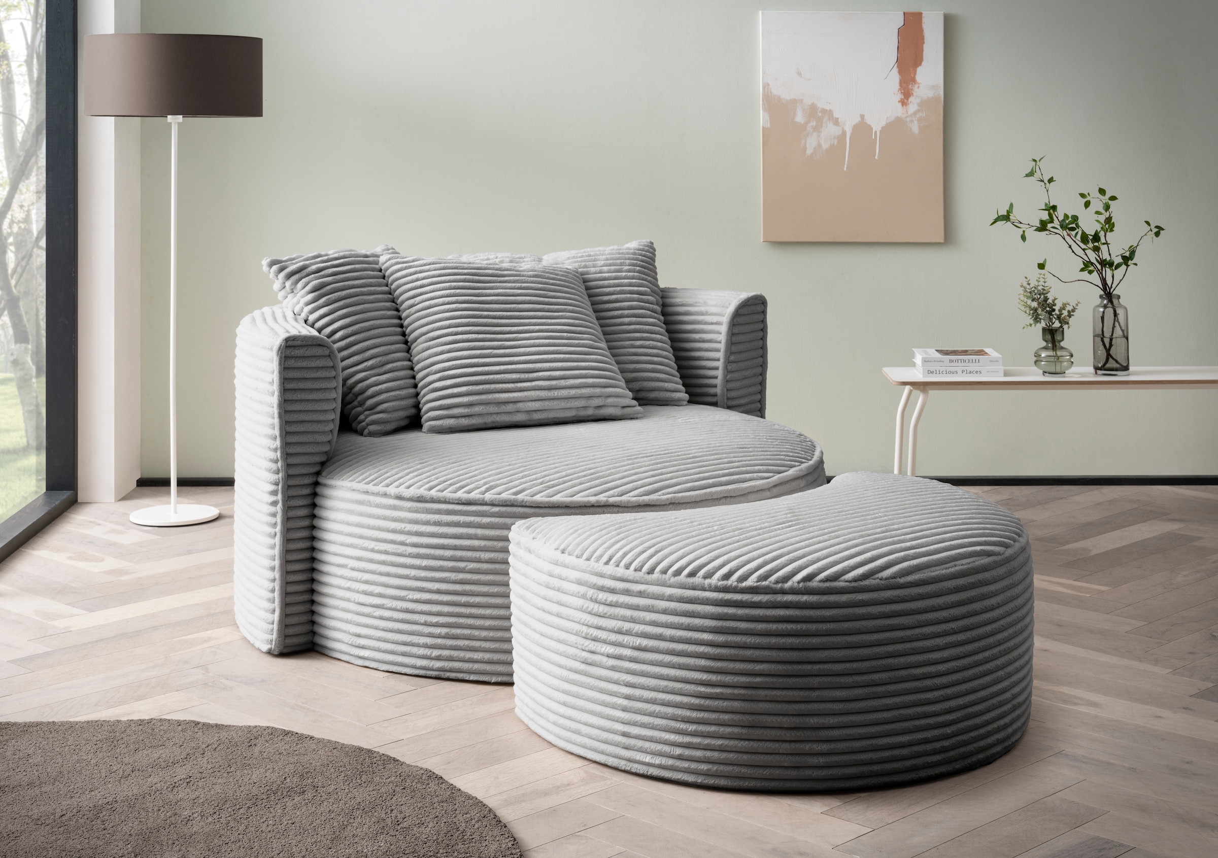 LeGer Home by Lena Gercke XXL-Sessel »ISALIE, Rundsessel mit Hocker, Lesesessel, Loveseat, Big-Sessel«, (Set), trendige Stoffe, mit 3 Zierkissen, große Sitzfläche