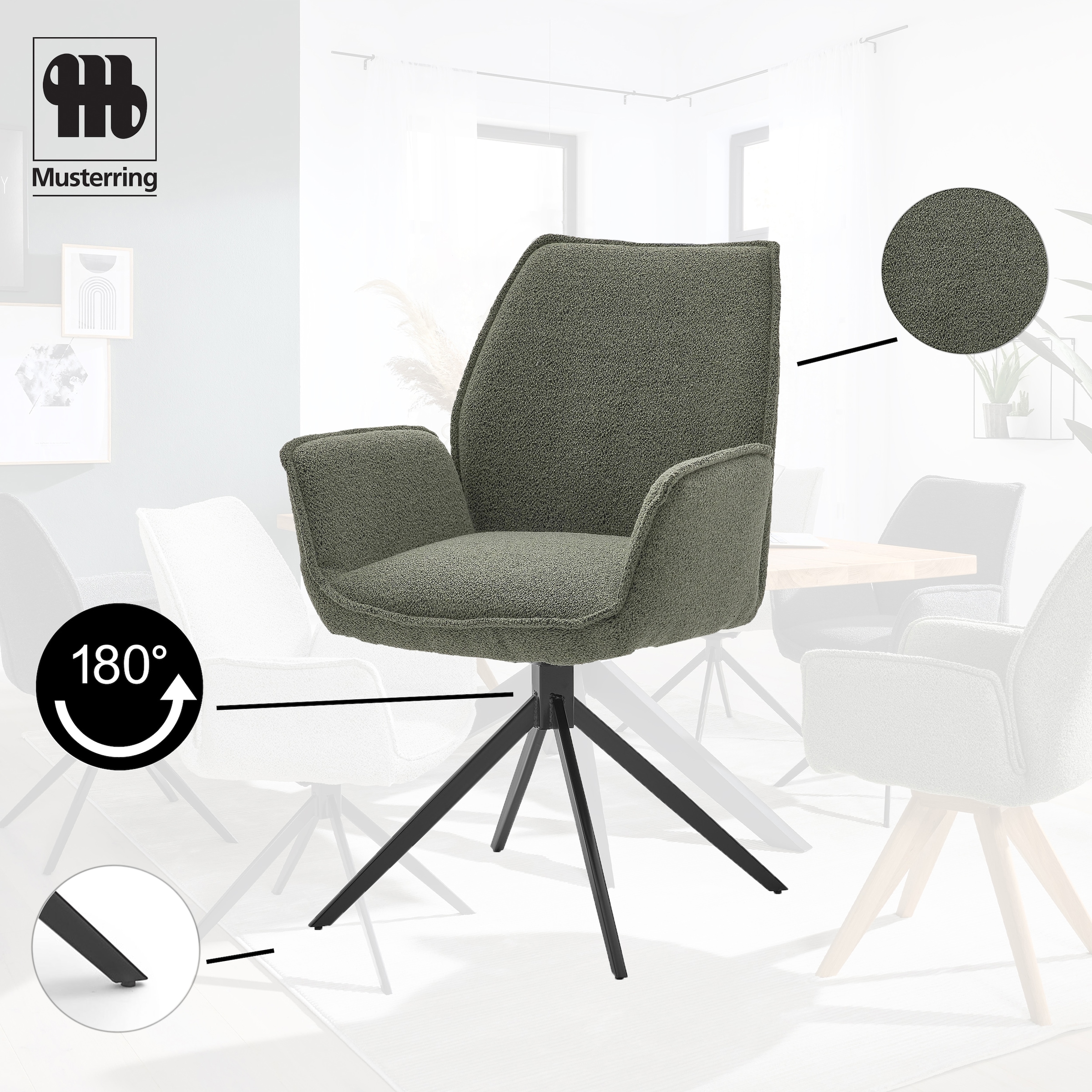 Musterring Esszimmerstuhl »Tiama«, (Set), 2 St., Bouclé, Stativgestell aus Eisen schwarz, 180° drehbar, Stoff Cord oder Bouclé