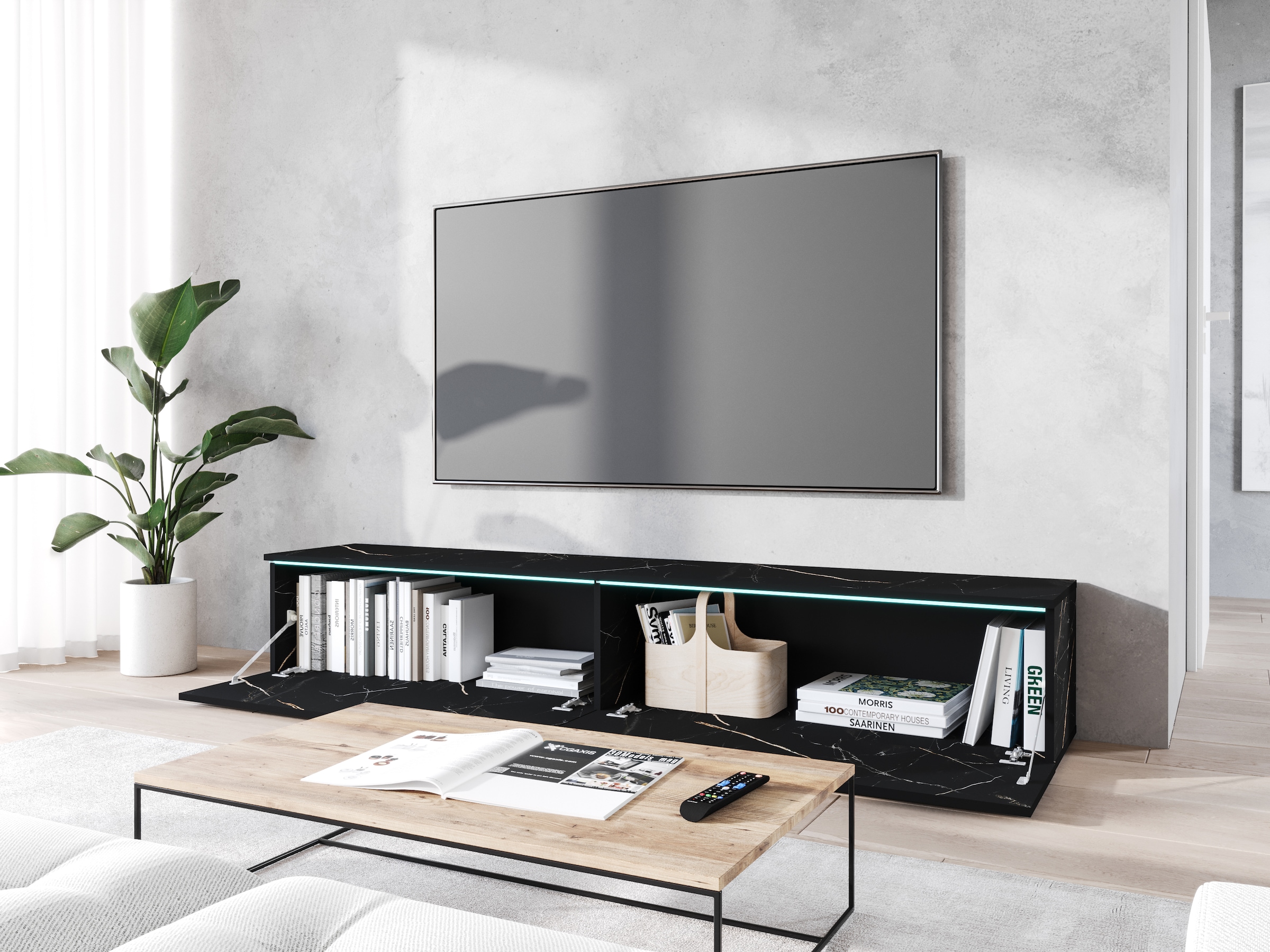 INOSIGN Lowboard »LOWBOARD VERA, wahlweise mit oder ohne Beleuchtung«, Modernes griffloses TV-Board, 180 cm TV-Schrank, stehend und hängend