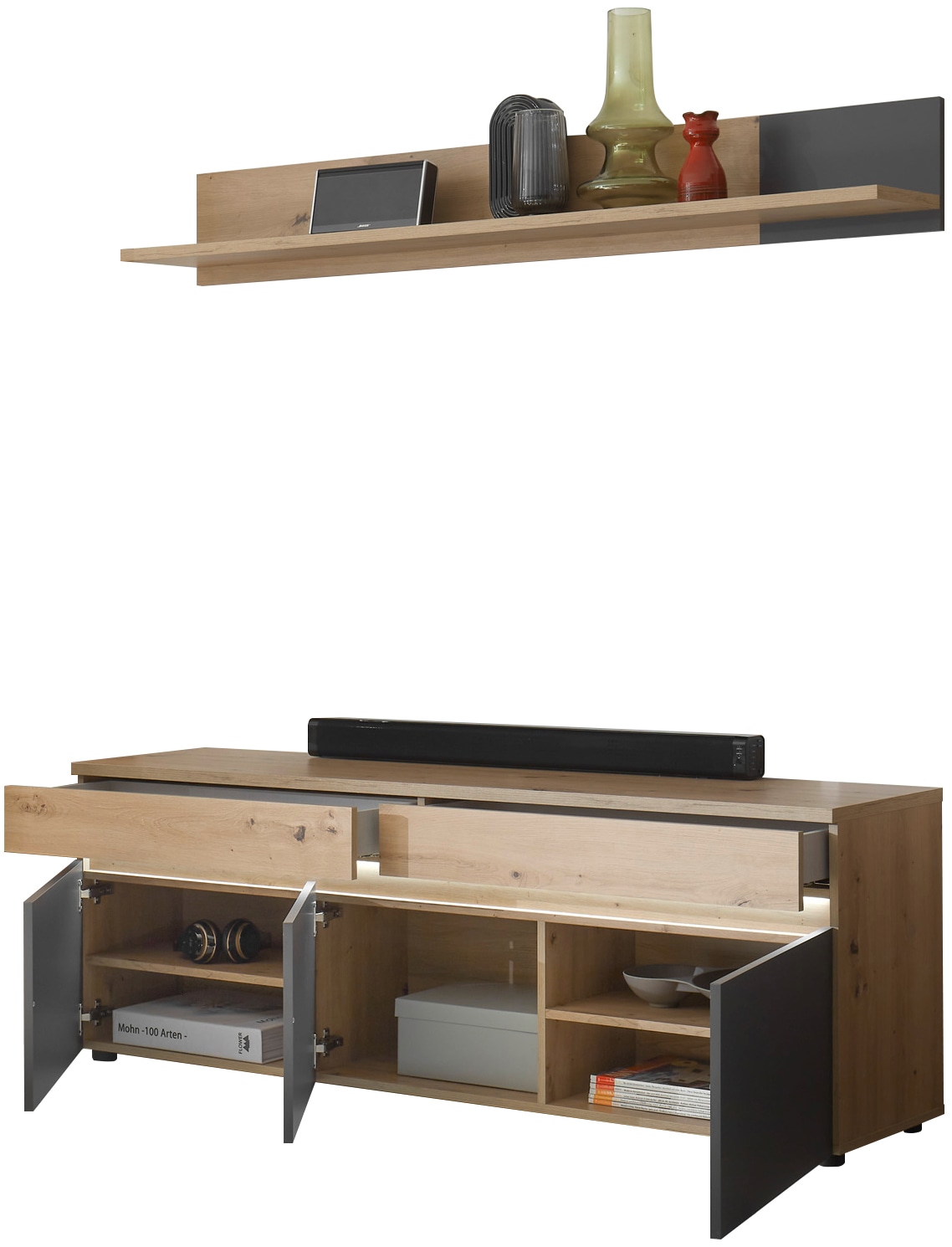 HBZ Lowboard »Lille TV bis zu 65 Zoll geeignet, inkl. LED BxHxT 160x137x38 cm«, (1 St.), mit LED-Beleuchtung, TV Möbel bis 65 Zoll geeignet in Eiche Artisan NB
