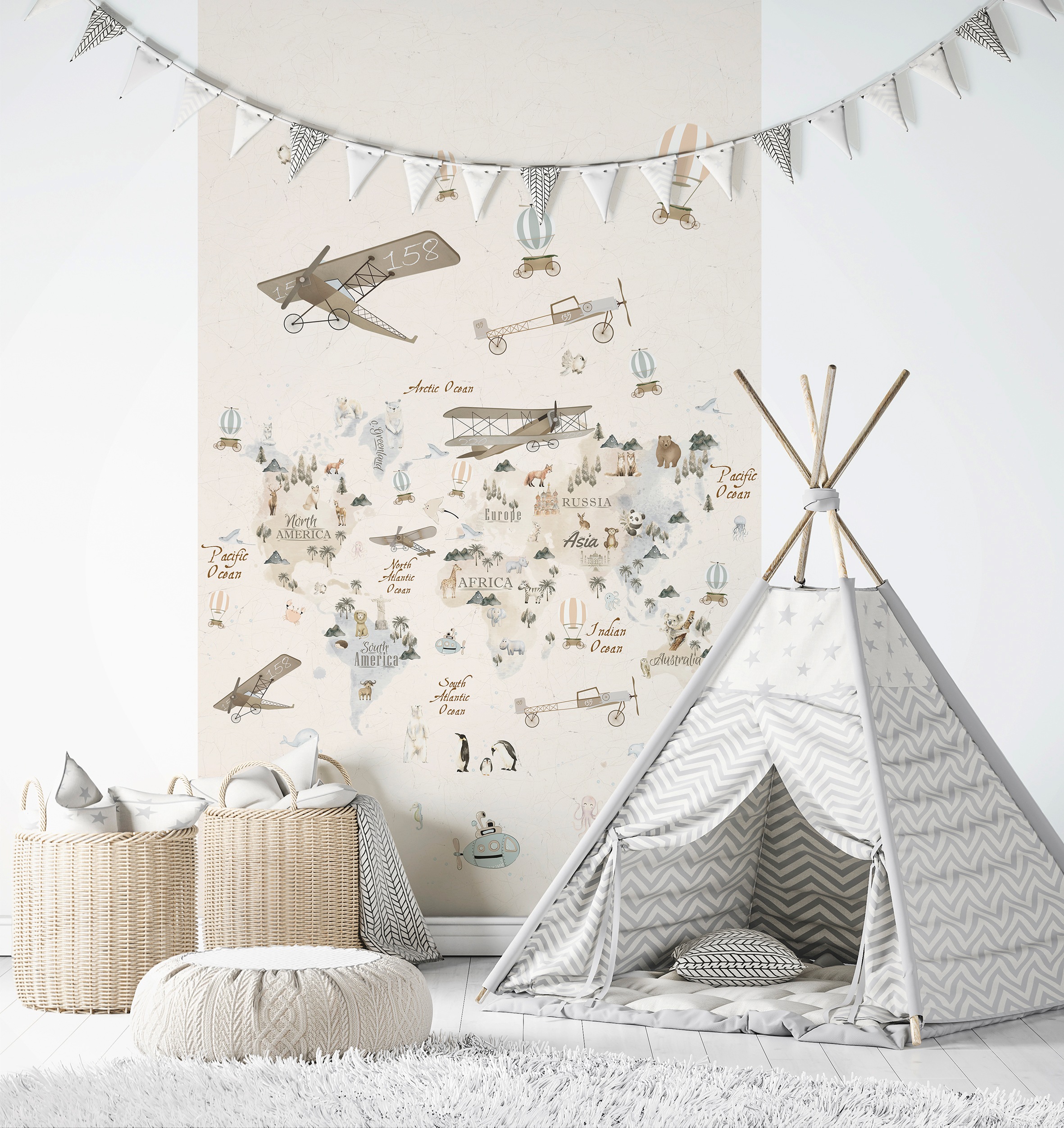 Marburg Kindertapete, matt, Weltkarte, moderne Tapete für Wohnzimmer Schlafzimmer Küche