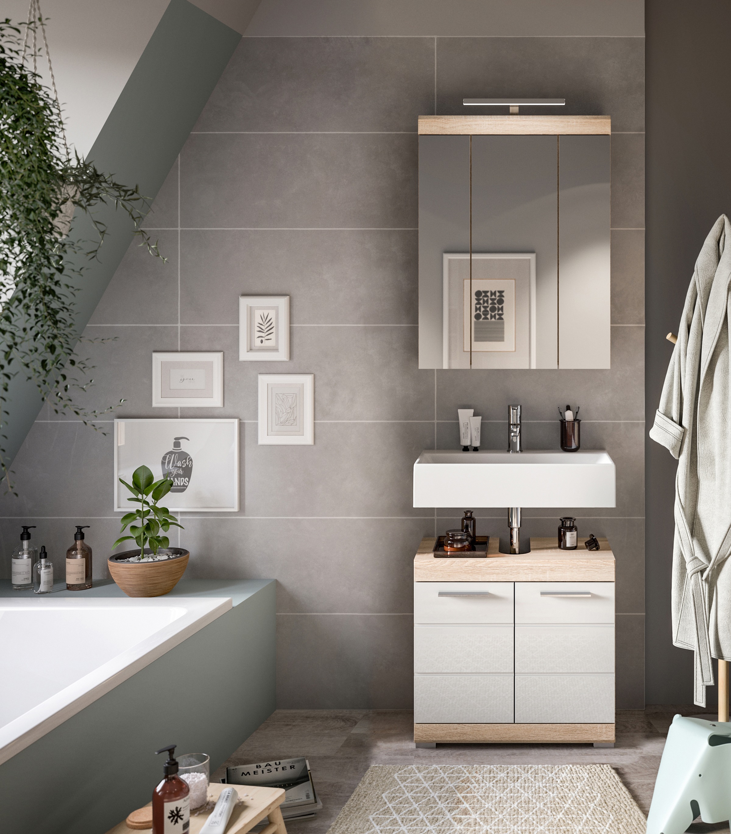 INOSIGN Badmöbel-Set »Siena, 2 teilig, inklusive LED Beleuchtung, bestehend aus:«, (Set), Waschbeckenunterschrank, Spiegelschrank, LED Badaufsatzleuchte
