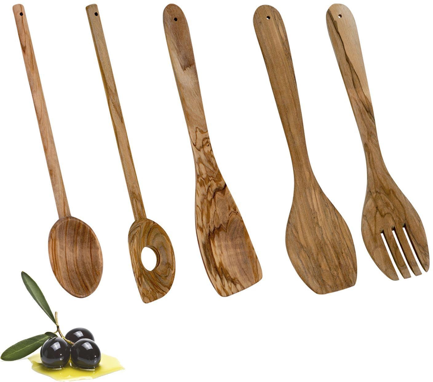 Metaltex Kochbesteck-Set, (Set, 5 tlg., 2 Kochlöffel, 1 Pfannenwender, 2tlg. Salatbesteck), Olivenholz