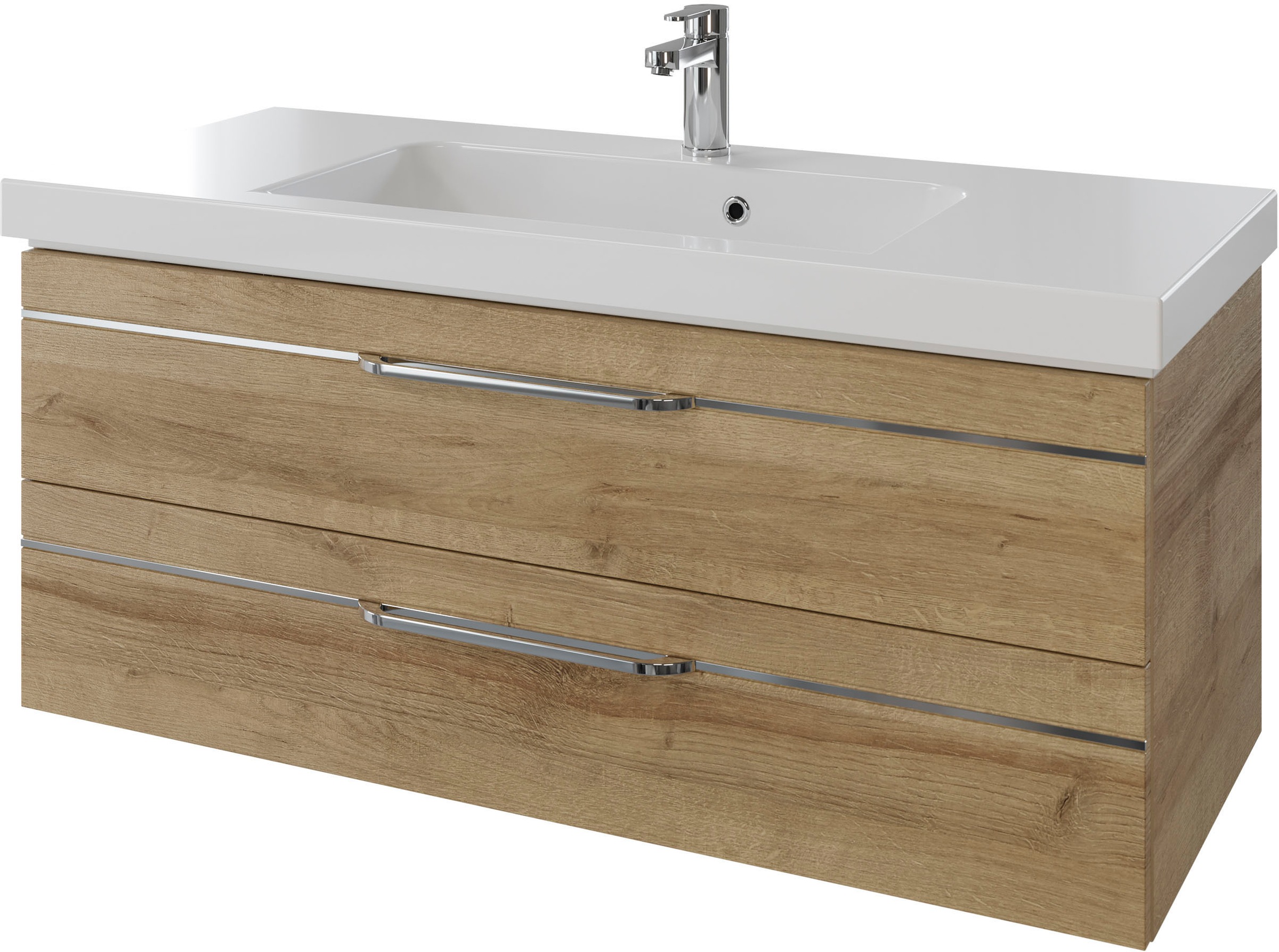 Saphir Badmöbel-Set »Balto 2-teilig Mineralmarmor-Waschtisch mit LED-Spiegel, 123 cm breit«, (2 St.), Waschplatz mit 2 Schubladen, Badschrank inkl. Schubladendämpfer
