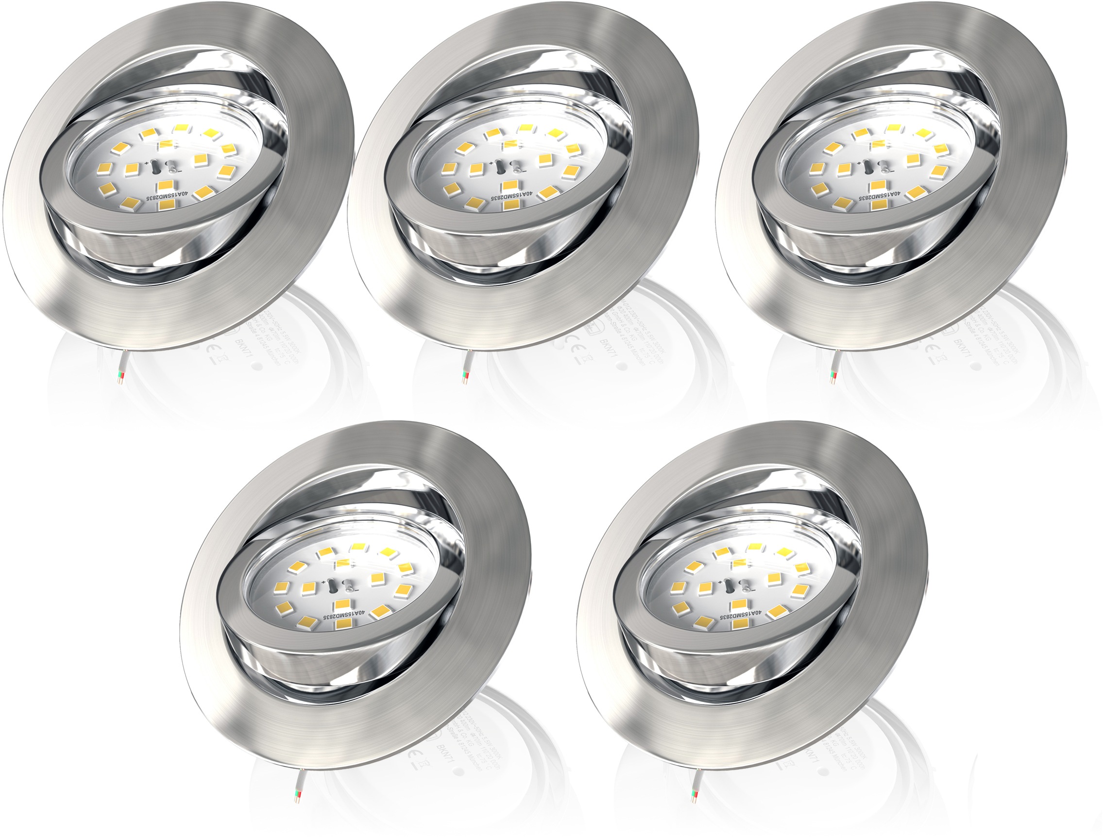 B.K.Licht LED Einbauleuchte »5er Set Einbaustrahler, Dimmbare Deckenstrahler, flache Spots«, 5 flammig, Leuchtmittel LED-Board | LED fest integriert, 3.000K, 470Lm, 5,5W, Kunststoff, 8,2 x 2,8 cm, Nickel