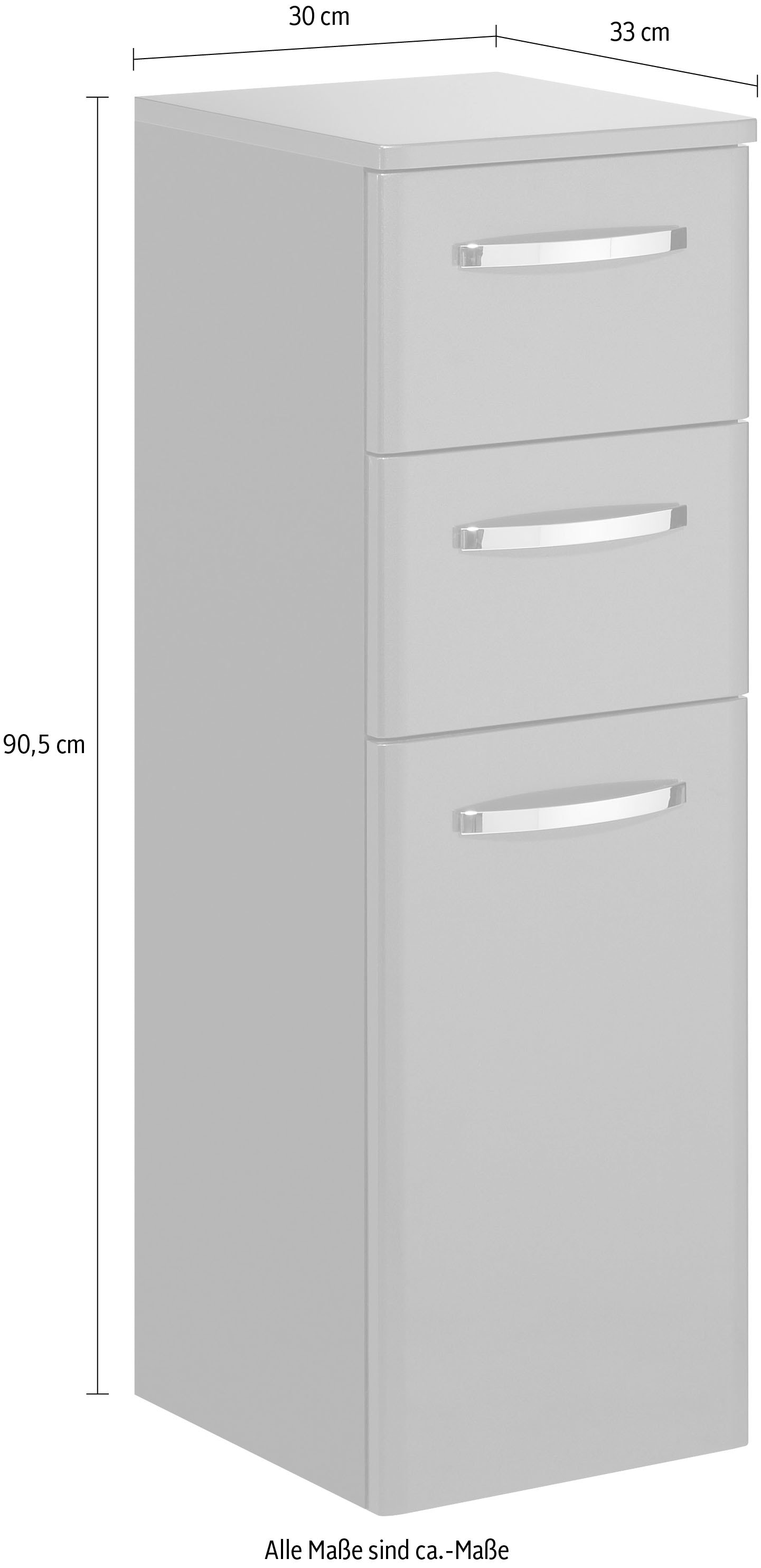 Saphir Unterschrank »Quickset 327 Badschrank, 1 Tür, 2 Schubladen, 30 cm breit« Badezimmer-Unterschrank inkl. Türdämpfer, Griffe in Chrom Glanz