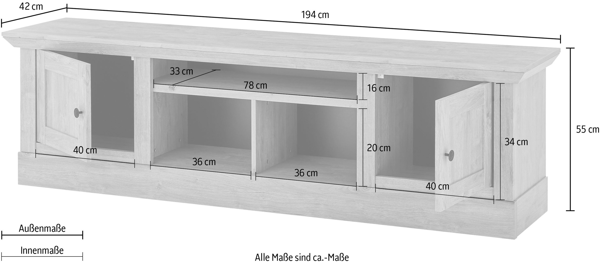 Home affaire Lowboard »Cornwall, Unterschrank im Landhausstil, Kommode, Eiche Dekor«, (1 St.), verschnörkelte Metallgriffe, offene Fächer und Türen, 194 cm breit