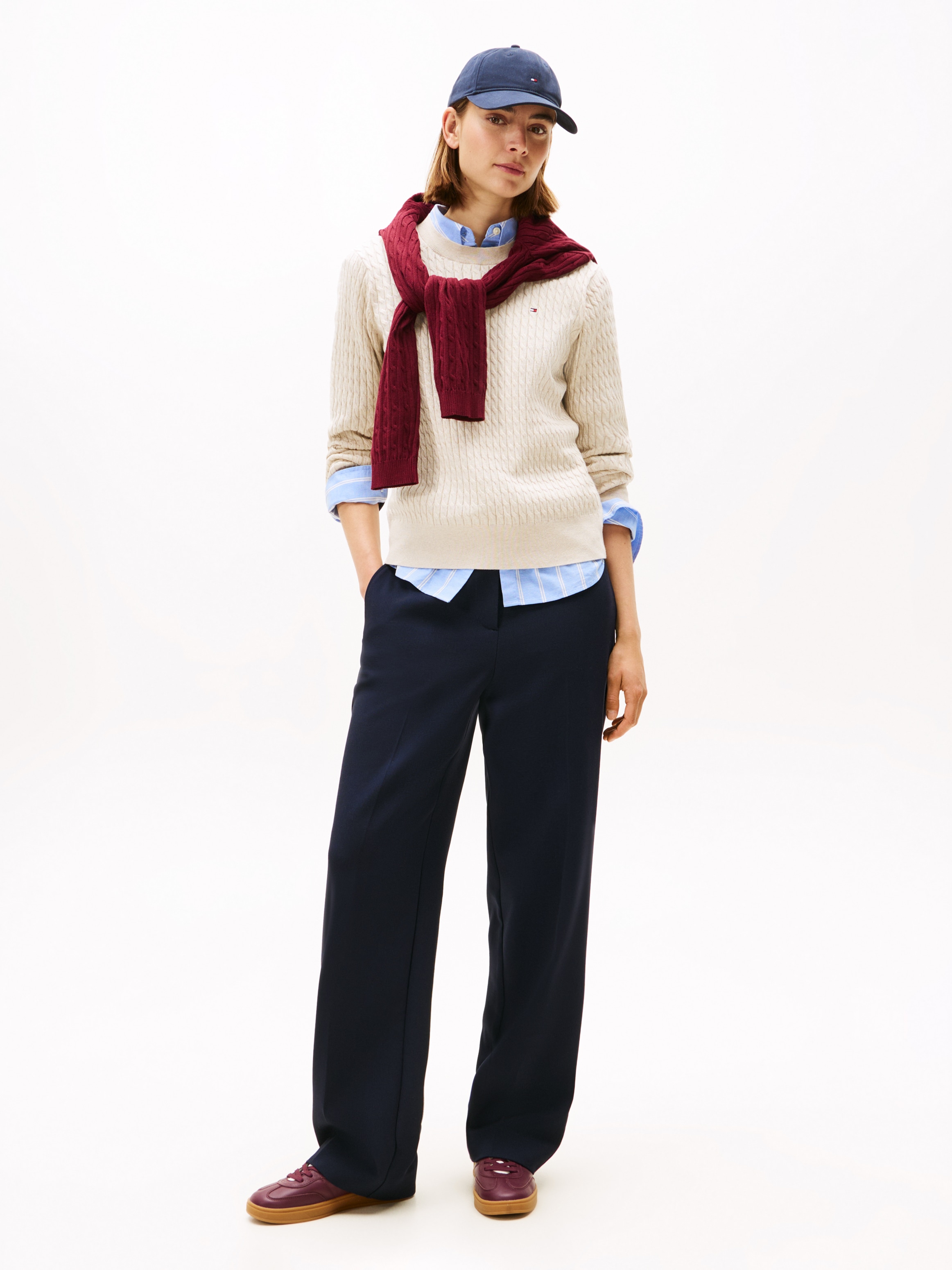 Tommy Hilfiger Rundhalspullover »CO CABLE C-NK LS SWEATER«, mit Zopfmuster