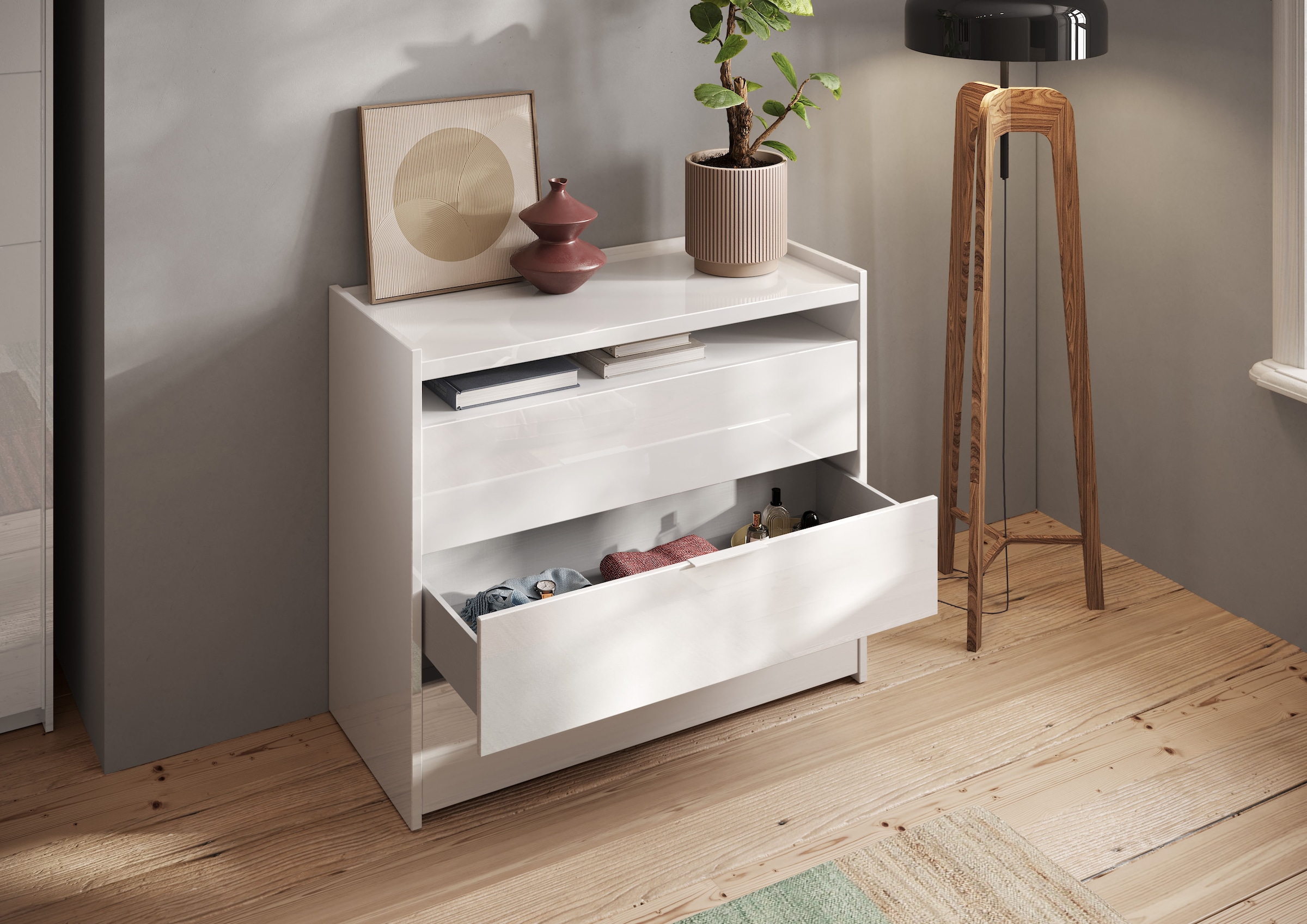 INOSIGN Kommode »Malmo, Schubkastenkommode B/T/H 111/50/95 cm, mit 3 Schubkästen,«, offene Ablage, Top 22 mm stark, Metallgriff, Weiss Hochglanz Lack
