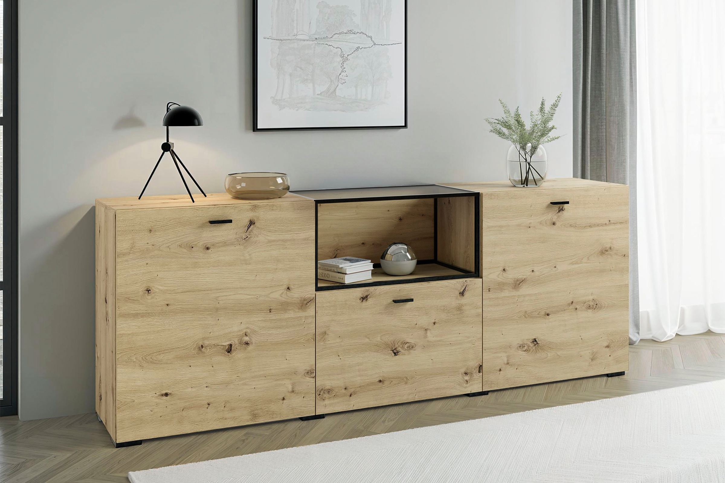 byLIVING Sideboard »Frame« 1 Stk. tlg. moderne Kommode mit Metalleinsatz und Glasplatte, 200cm breit