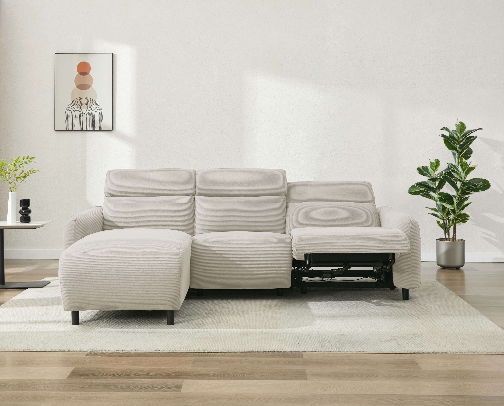 Home affaire Ecksofa »SKAANE in Cord, L-Form, 274 cm, manuelle u. elektrische Funktion,«, rundes Design, Kopfteilverstellung, Federkernpolsterung