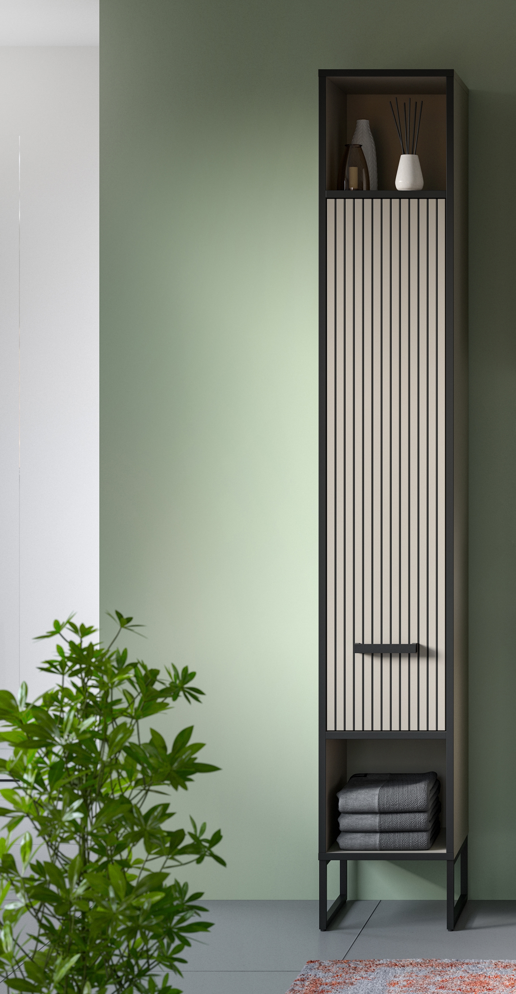 welltime Hochschrank »Locri, Höhe 192 cm, Rillenoptik, Metall Kufen« 1 Stk. tlg. Türanschlag wechselbar, modernes Design, Badschrank, Bad