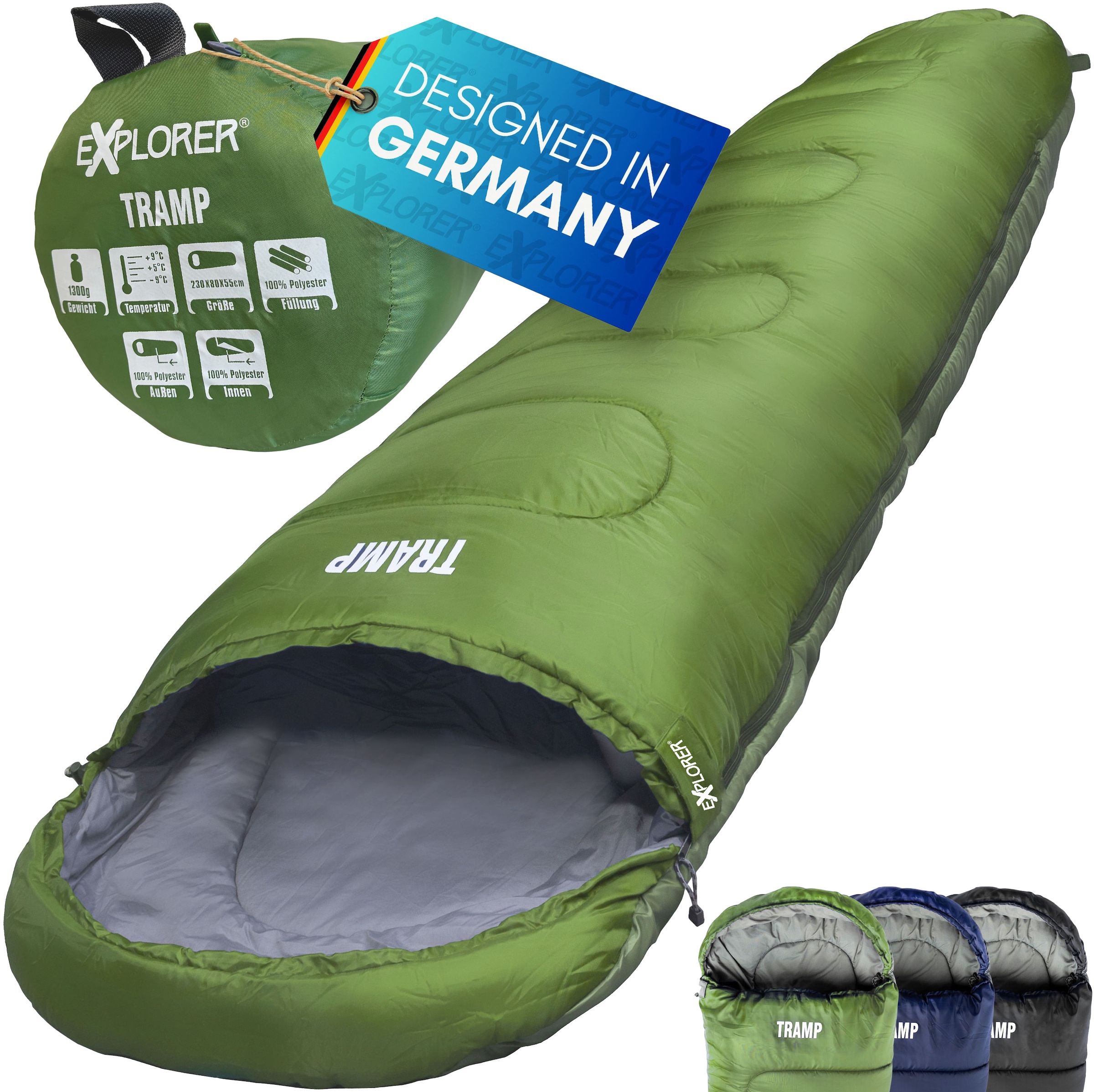 EXPLORER Mumienschlafsack »TRAMP Camping Schlafsack 230x80x55cm Outdoor«, (+9°C bis -9°C warm Frühling/Sommer/Herbst Reise Festival), kombinierbar leicht 1300g