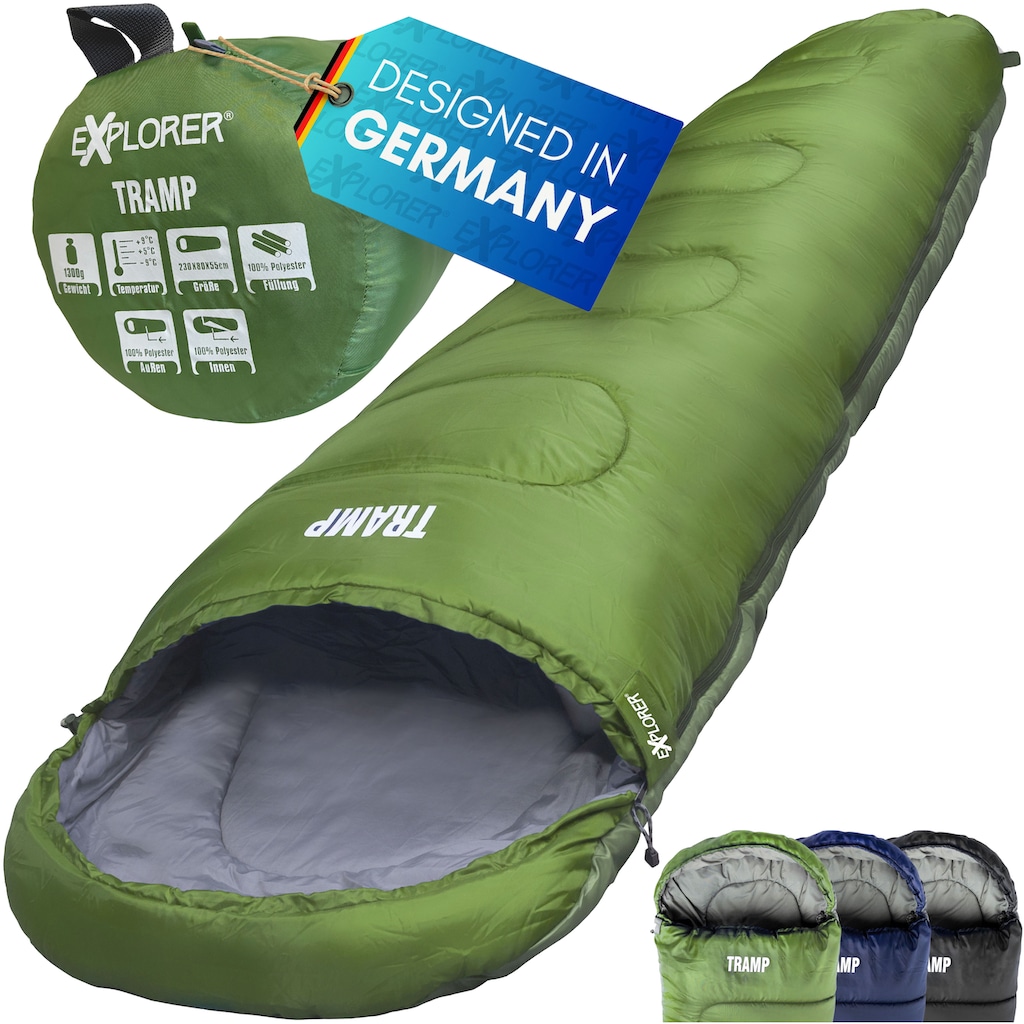 EXPLORER Mumienschlafsack »TRAMP Camping Schlafsack 230x80x55cm Outdoor«, (+9°C bis -9°C warm Frühling/Sommer/Herbst Reise Festival)