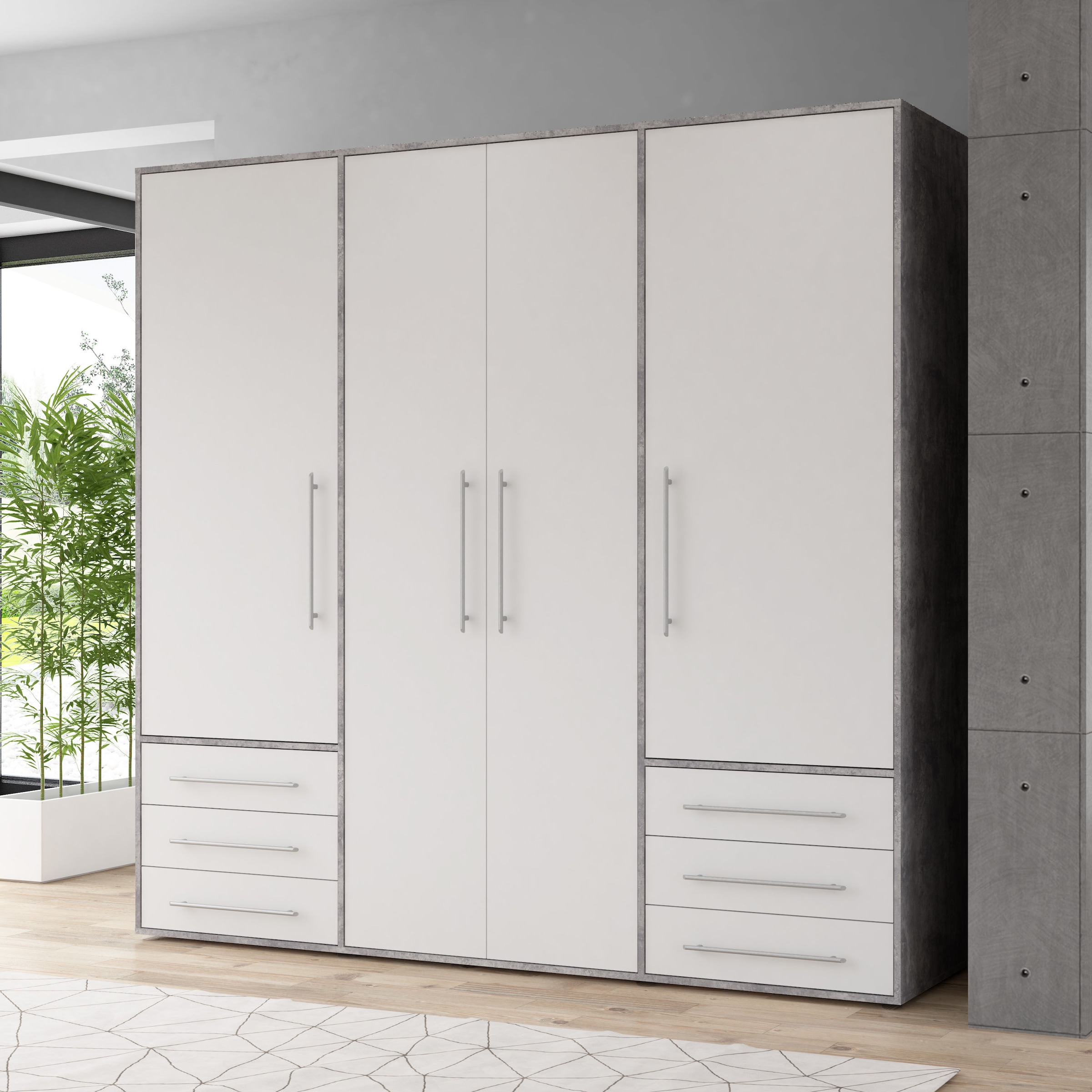 FORTE Drehtürenschrank »Kleiderschrank,zeitloses Design, 4 türig« viel Stauraum, Schubladen, Stangengriffe, Made in Europe