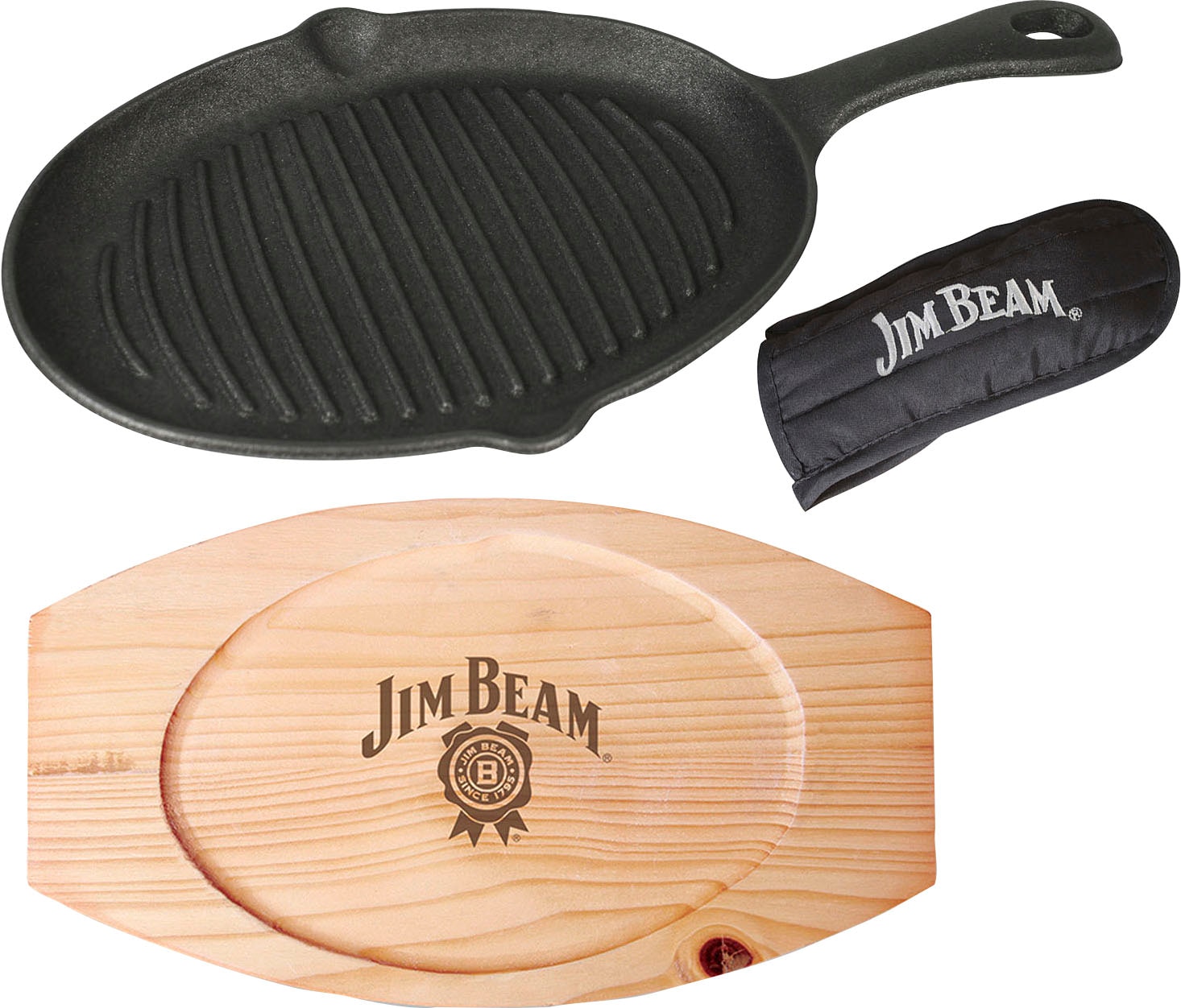 Jim Beam BBQ Grillpfanne, Gusseisen, (Set, 3 tlg.), inkl. Holzuntersetzer und Griffüberzug