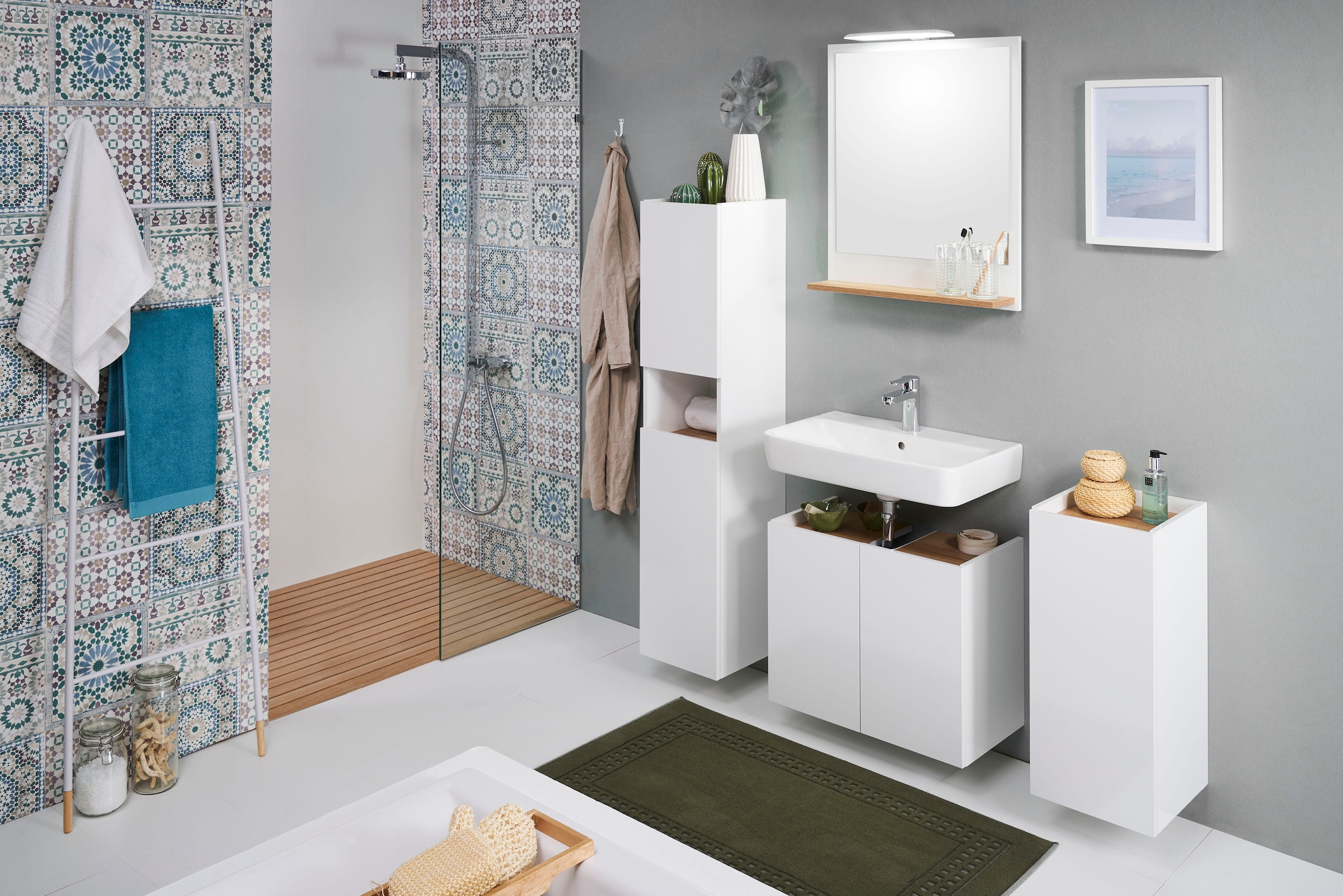 Saphir Midischrank »Quickset 947 Badschrank 30 cm breit, 2 Türen, 1 Nische« Badezimmer-Midischrank inkl. Türdämpfer, Weiß Glanz, grifflos