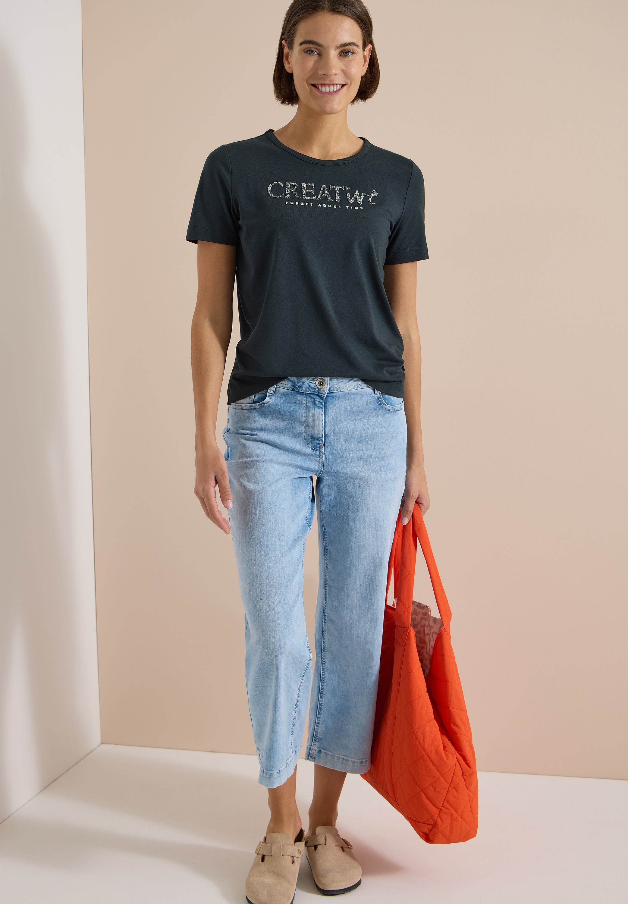 Cecil Print-Shirt Sommershirt mit Rundhals und Glitzer-Wording
