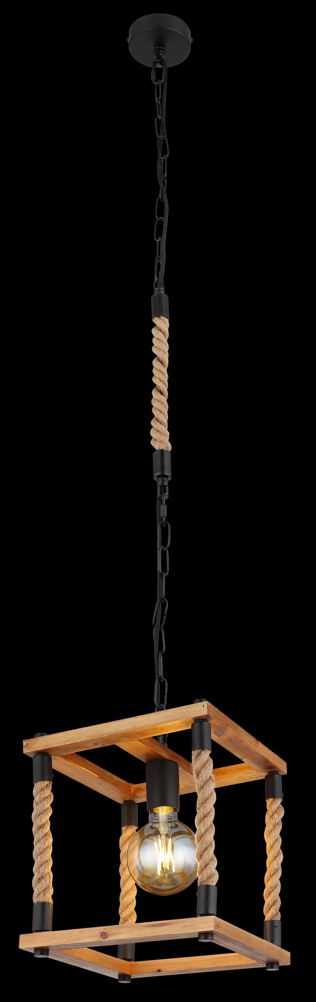 GLOBO LIGHTING Hängeleuchte »VERNON« E27 1 Stk. Schwarze Hängeleuchte mit Holz naturfarben, Hanf braun, E27