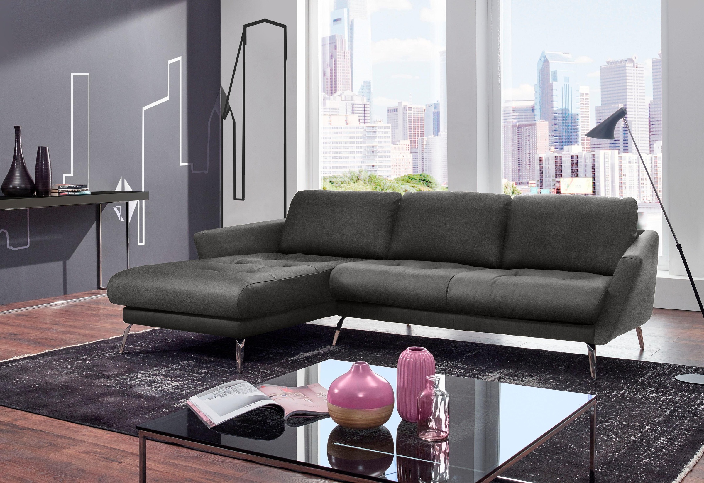 W.SCHILLIG Ecksofa »softy, Designsofa, zeitlos und elegant, hoher Sitzkomfort, L-Form«, mit dekorativer Heftung im Sitz, Füße Chrom glänzend