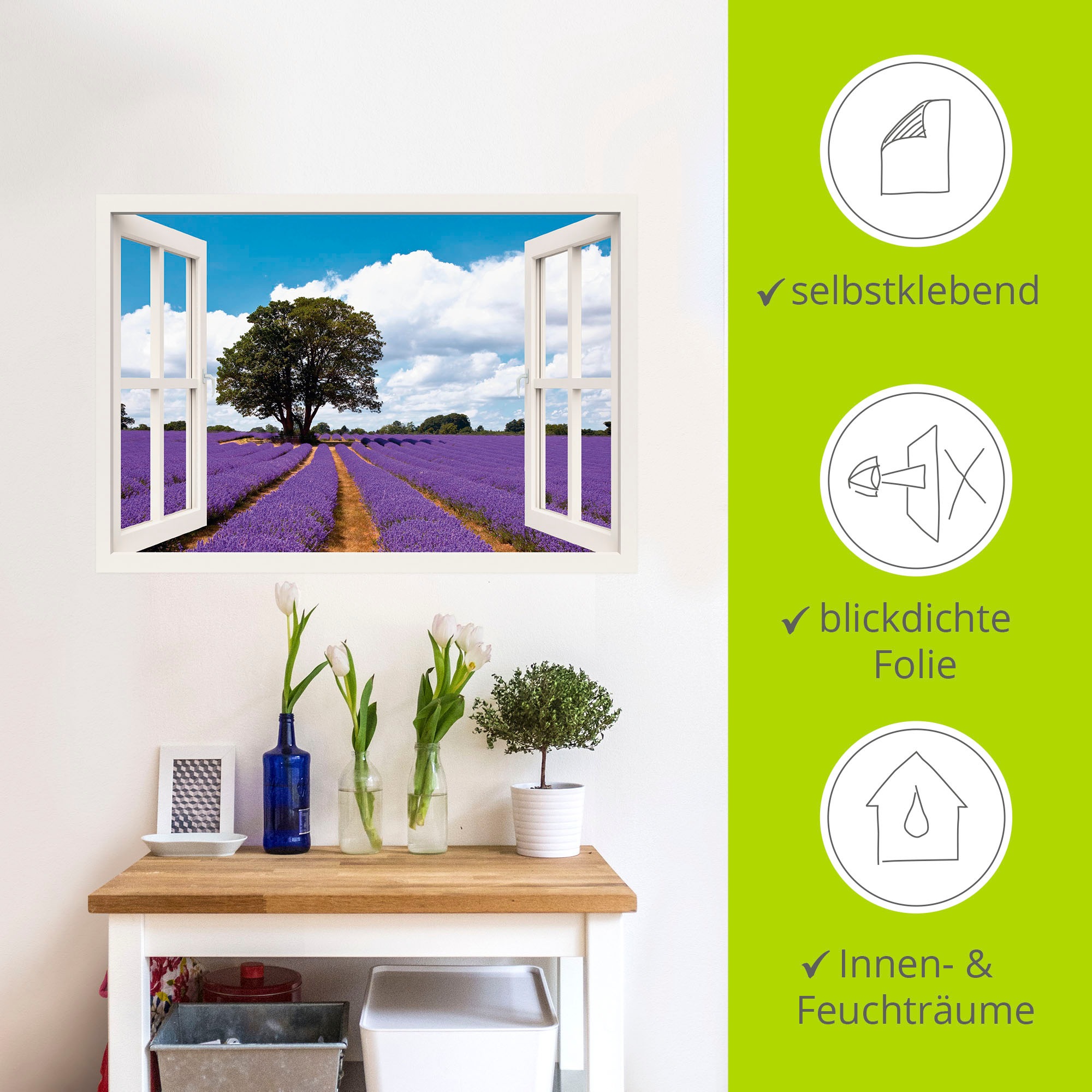 Artland Wandfolie »Fensterblick Lavendelfeld im Sommer«, Fensterblick, (1 St.), selbstklebend
