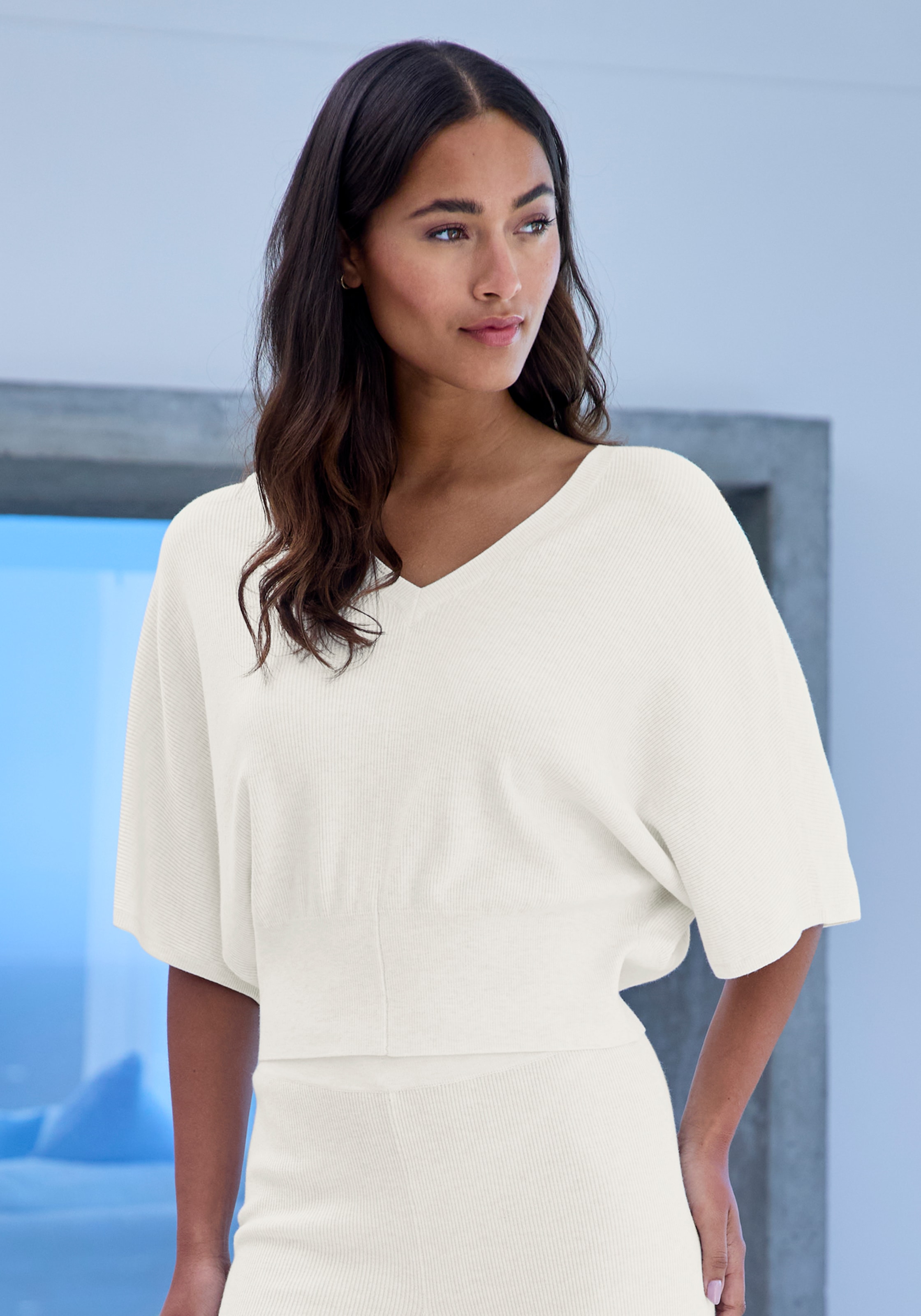 COPENHAGEN STUDIOS Fledermausshirt aus hochwertiger, feiner Rippe, Loungewear creme 36/38 36/38 Strickshirt mit kurzen Fledermausärmel
