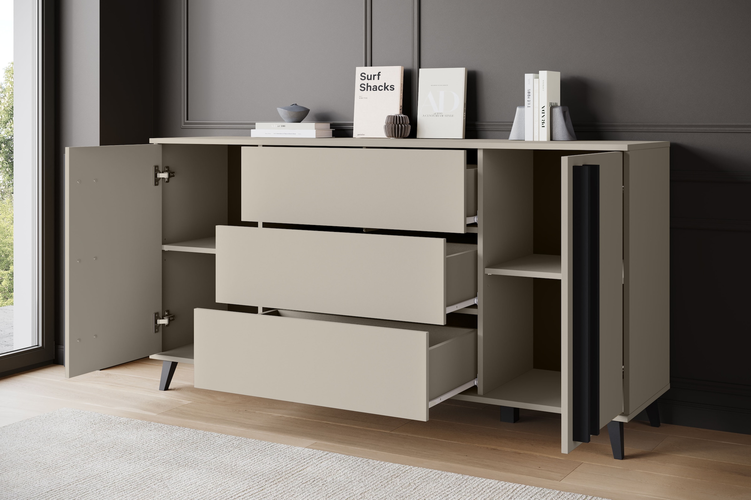 INOSIGN Sideboard »Helsinki, Kommode mit 2 Türen und 3 Schubladen, Breite 150 cm«, (1 St.), Push-to-Open-Schubladen, höhenverstellbare Einlegeböden