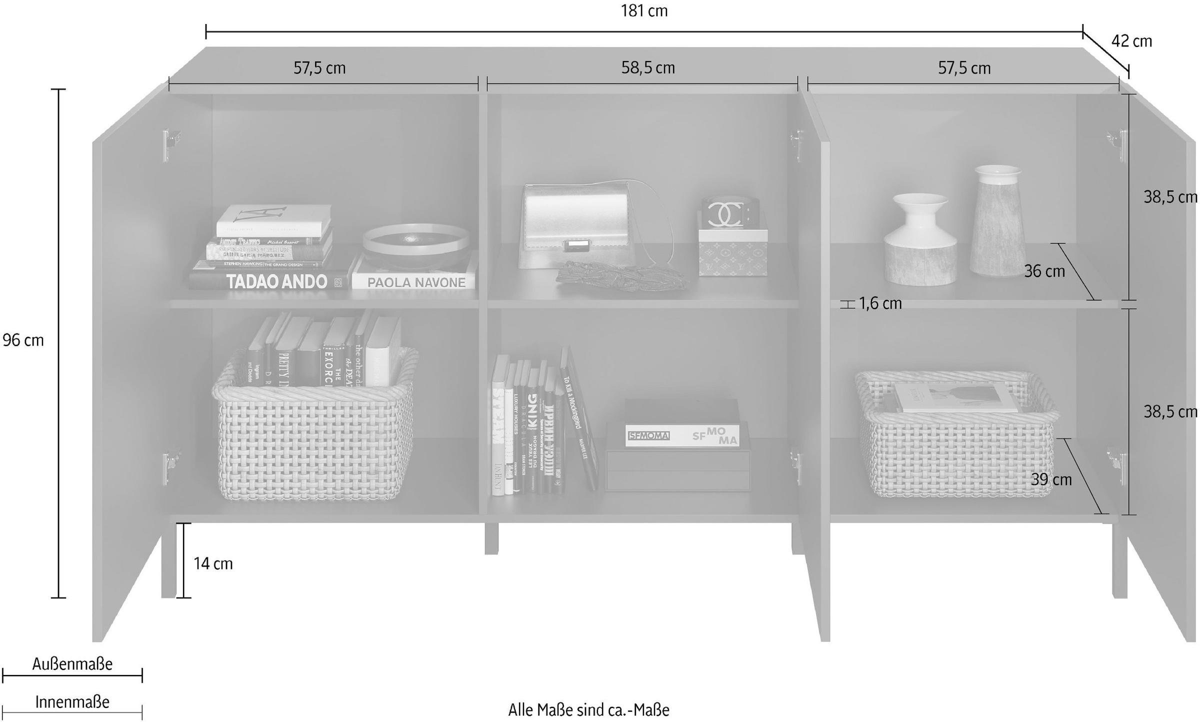 INOSIGN Sideboard »Snake Breite 181 cm, moderne Kommode mit 3 Türen«, Anrichte mit viel Stauraum, Front mit besonderem Siebdruck
