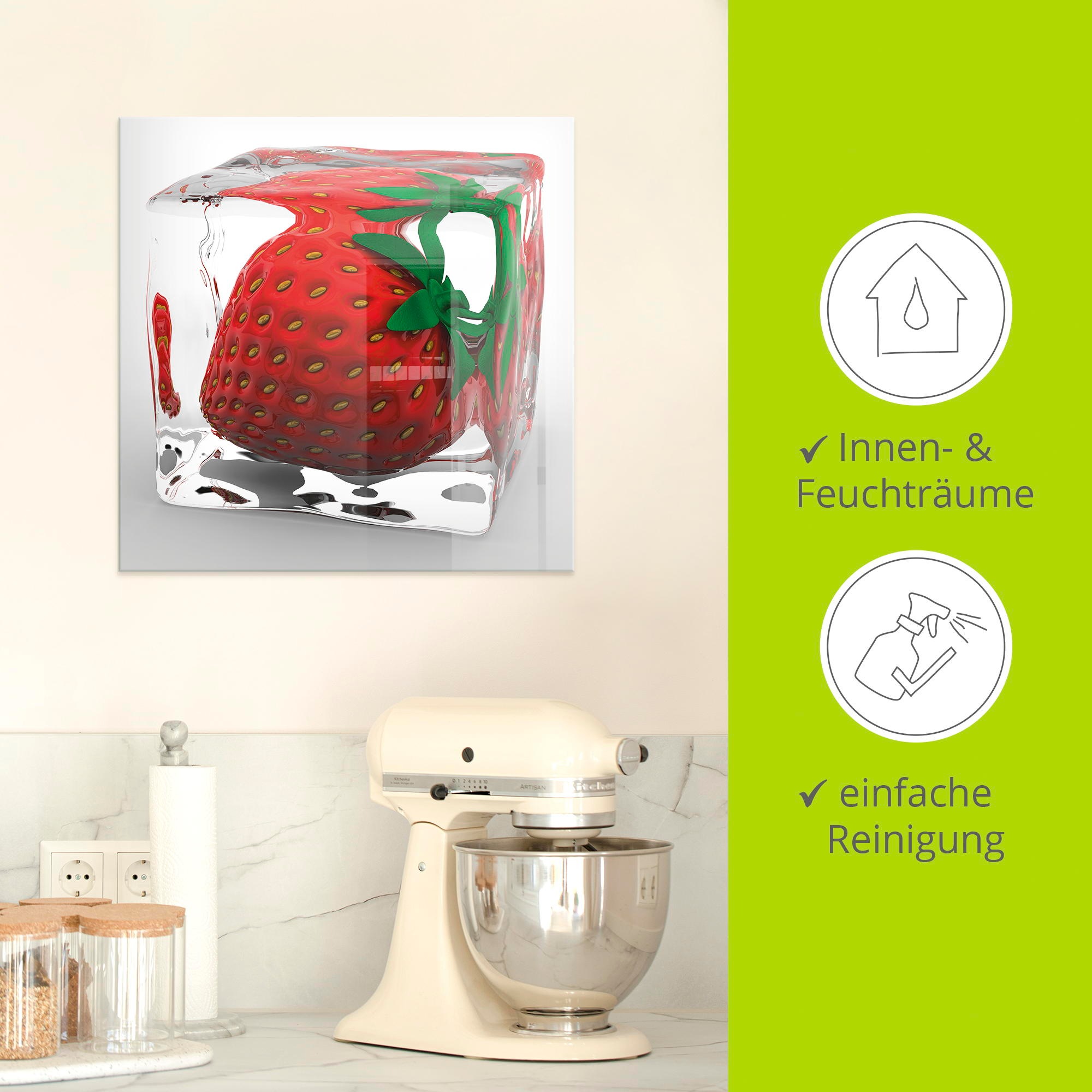 Artland Glasbild »Erdbeere in Eis«, Lebensmittel, (1 St.), in verschiedenen Größen