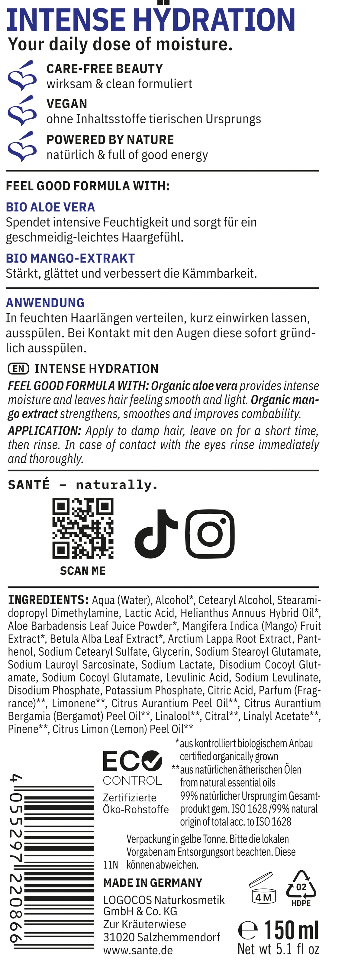 SANTE Haarspülung »Intense Hydration Conditioner« Haarspülung, mit Sonnenblumen-Triglyceriden, für trockenes Haar, vegan