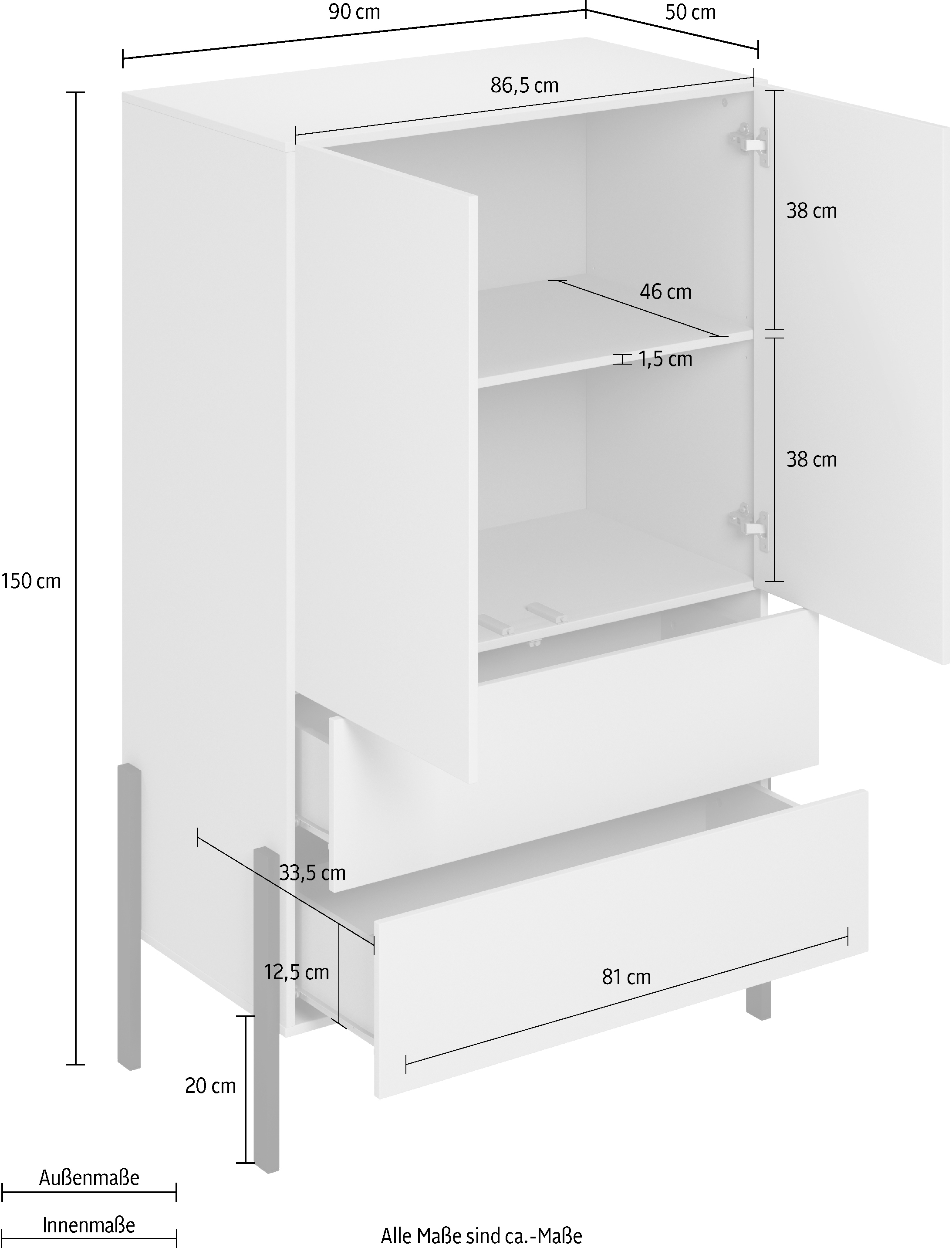 INOSIGN Wäscheschrank »Jukon, moderner griffloser Kleiderschrank, Metallfüsse, Made in Europe«, (90x150x50, ideal für kleine Räume oder Nischen), Mehrzweckschrank,2 Schubladen, 2 Türen, FSC-zertifiziert