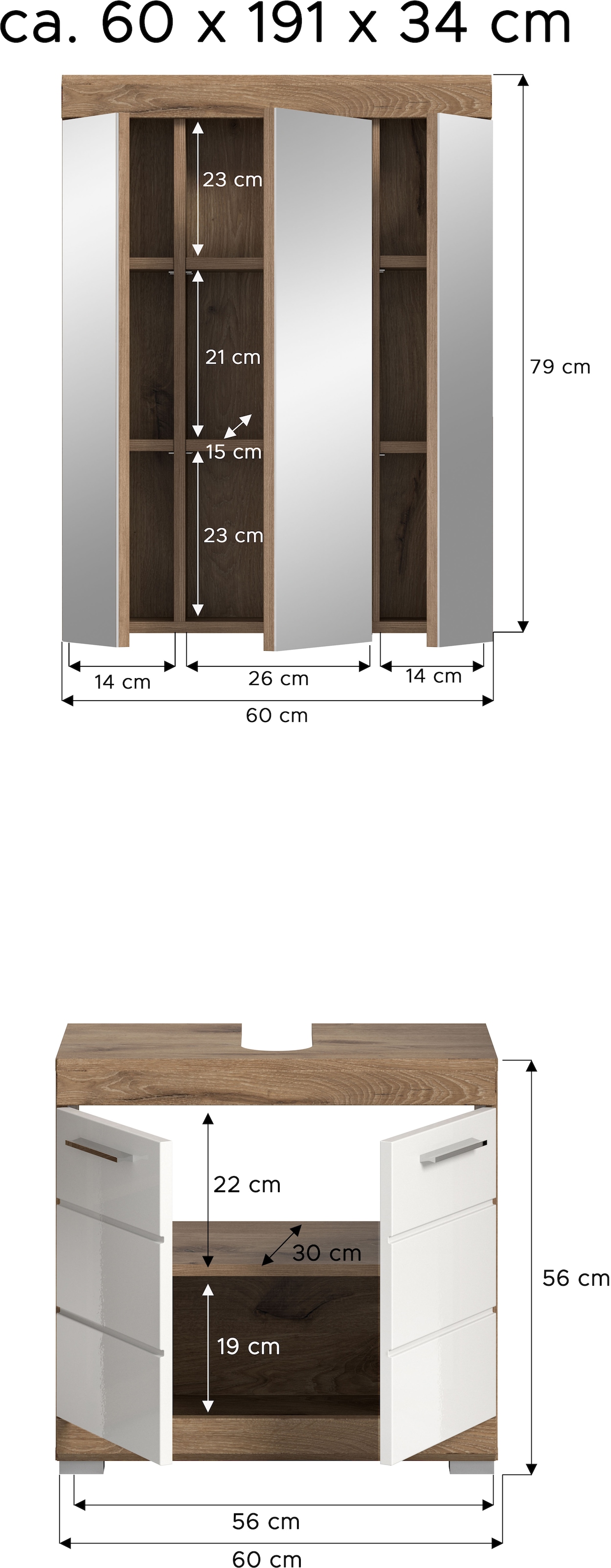 INOSIGN Badmöbel-Set »Siena, 2 tlg., bestehend aus: Waschbeckenunterschrank, Spiegelschrank«, (Set), in verschiedenen Farben erhältlich, Badmöbel, Kombination, Badezimmer