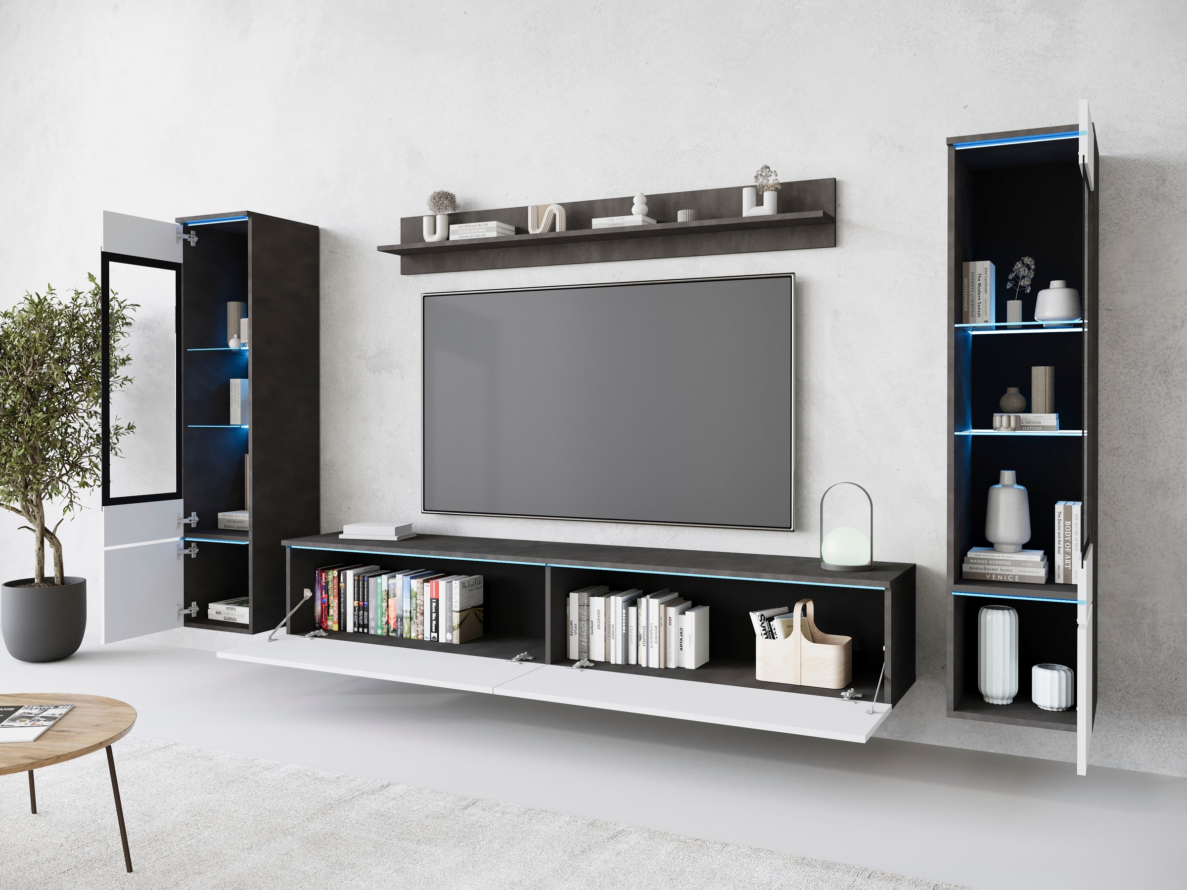 INOSIGN Wohnwand »VERA II, Vitrinen Türanschlag wechselbar«, (Komplett-Set, 4 St.), Mediawand 260 cm, Vitrine mit Verglasung, stehend und hängend
