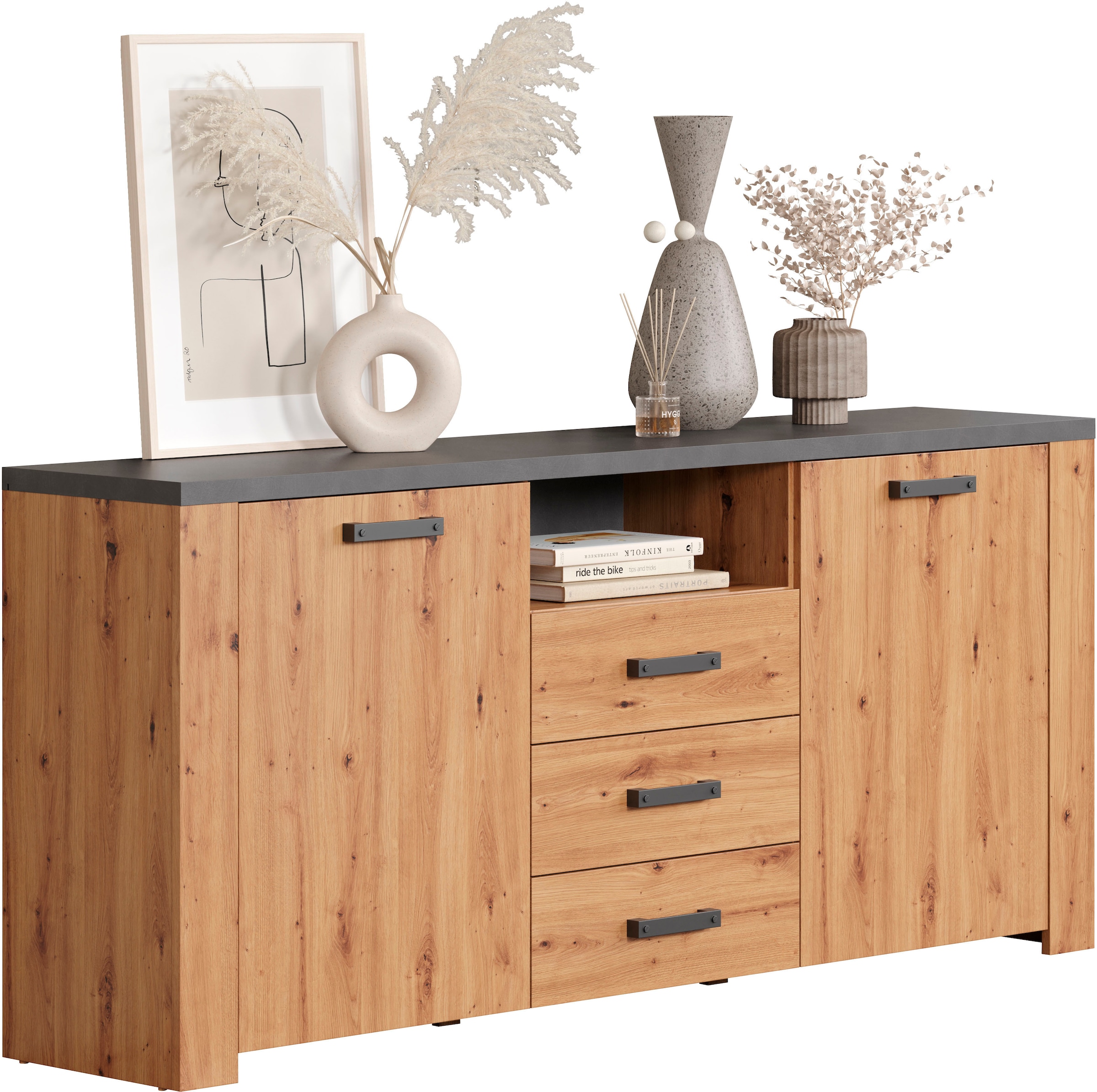 Home affaire Sideboard »Ambres«, (1 St.), Kommode Echtholzoptik, Maße BxH: 180x83 cm, Eiche