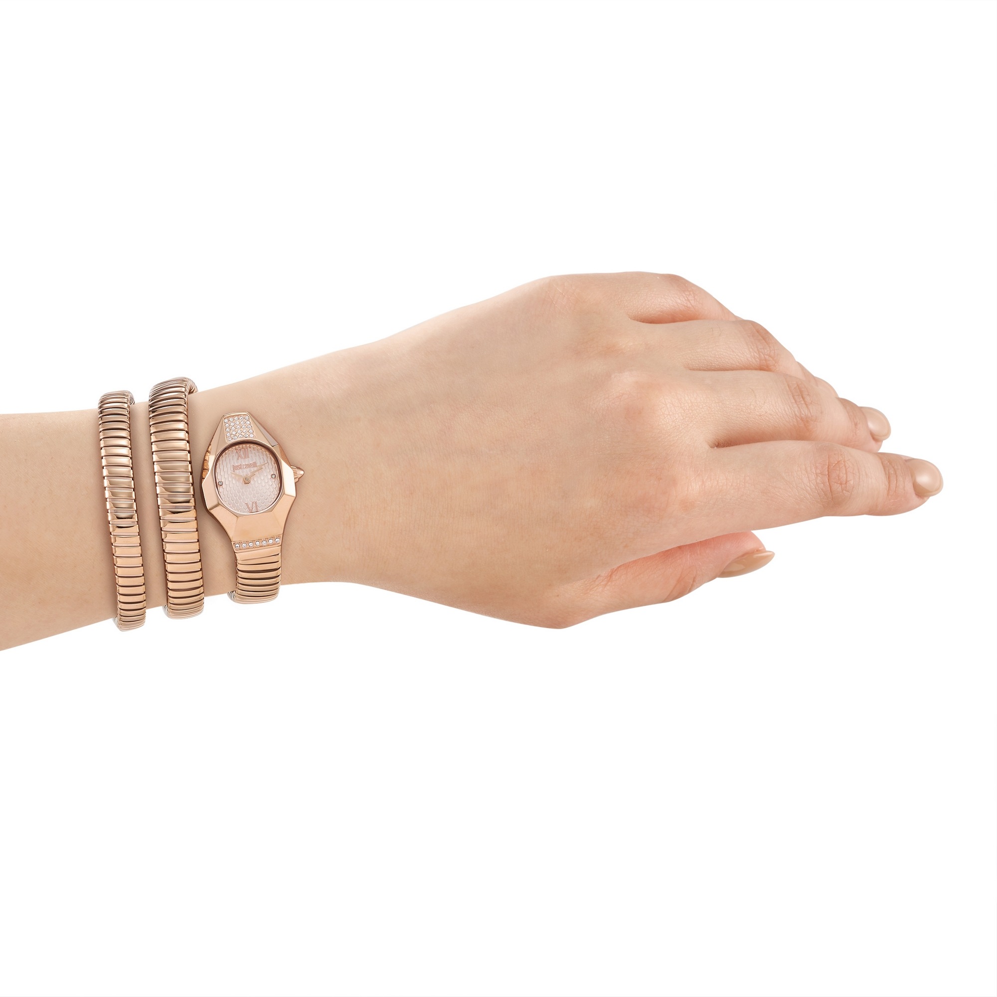 Just Cavalli Time Quarzuhr »Signature Snake« Armbanduhr, Damenuhr, Edelstahlarmband, analog, Kristallsteine