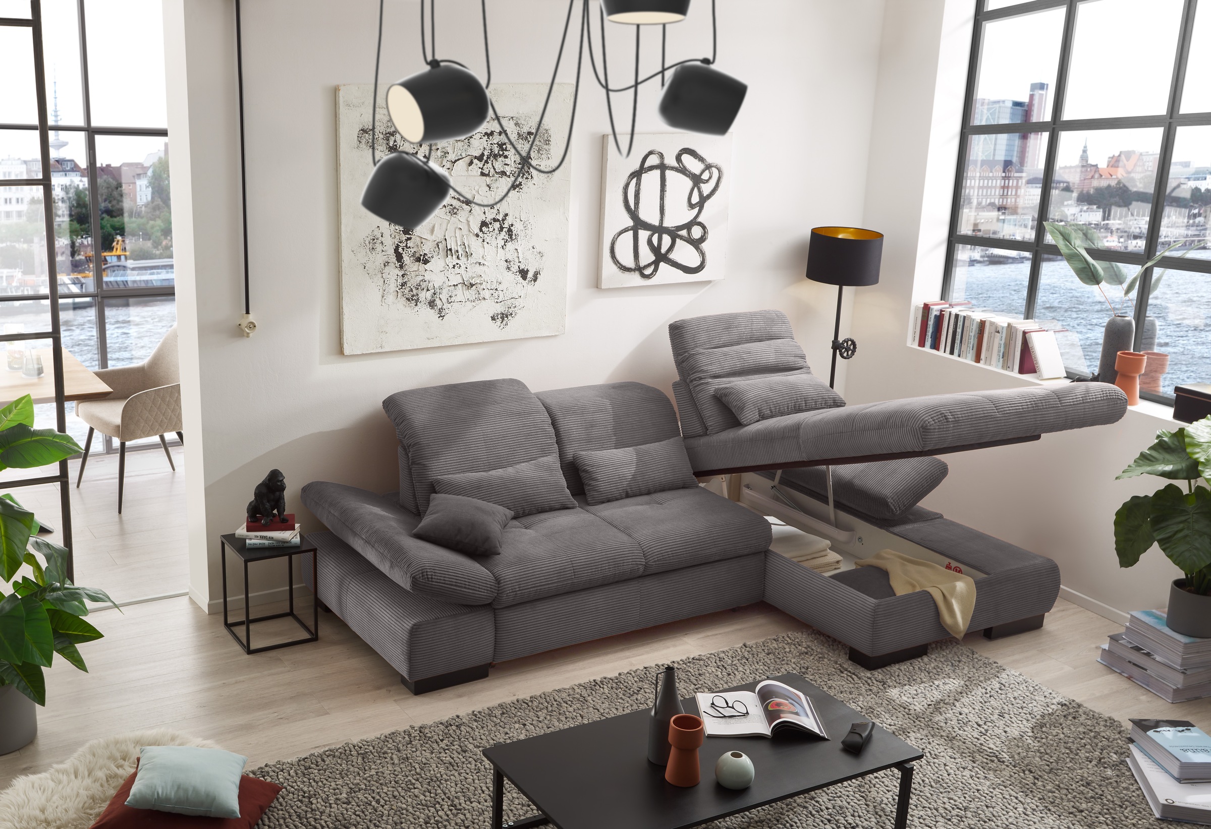 set one by Musterring Ecksofa »SO4100 V«, mit verstellbaren Kopfteilen, wahlweise mit Funktionen, Cord-Bezug
