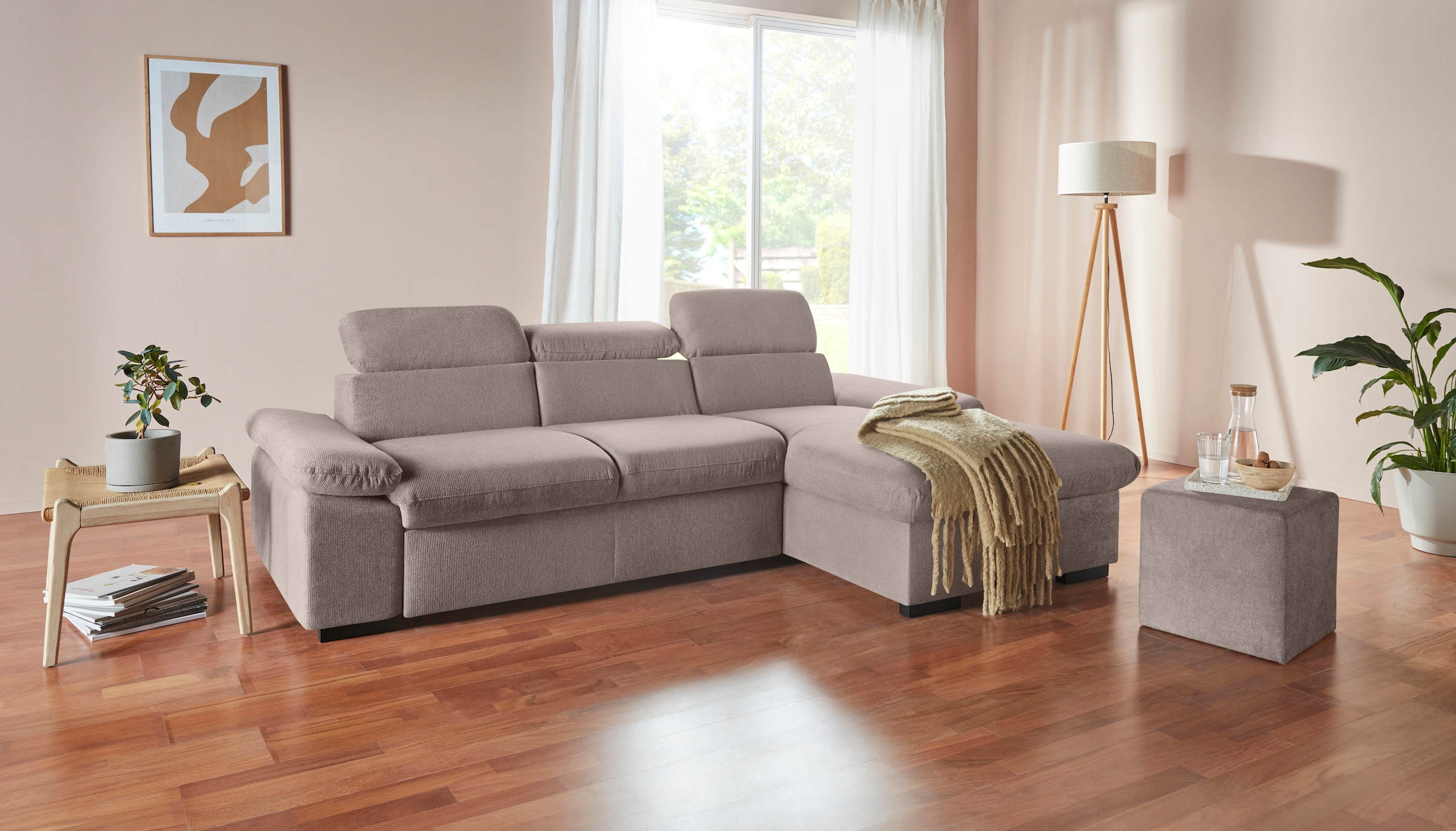 COTTA Ecksofa »Lola L-Form mit Kopfteilfunktion & Hocker«, (Set, mit Hocker), wahlweise mit Bettfunktion, Bettkasten & Armteilverstellung