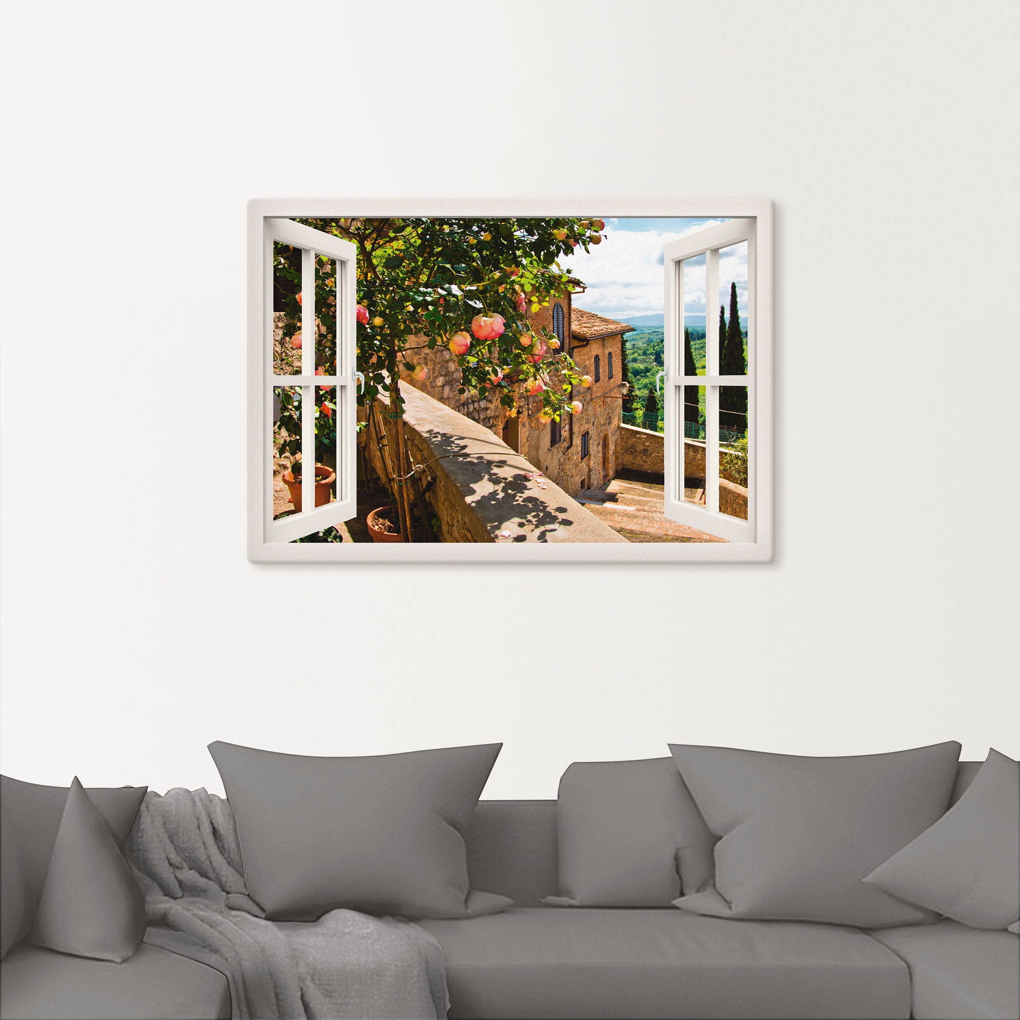 Artland Wandbild »Fensterblick Rosen auf Balkon Toskana«, Garten, (1 St.), als Alubild, Outdoorbild, Leinwandbild, Poster, Wandaufkleber