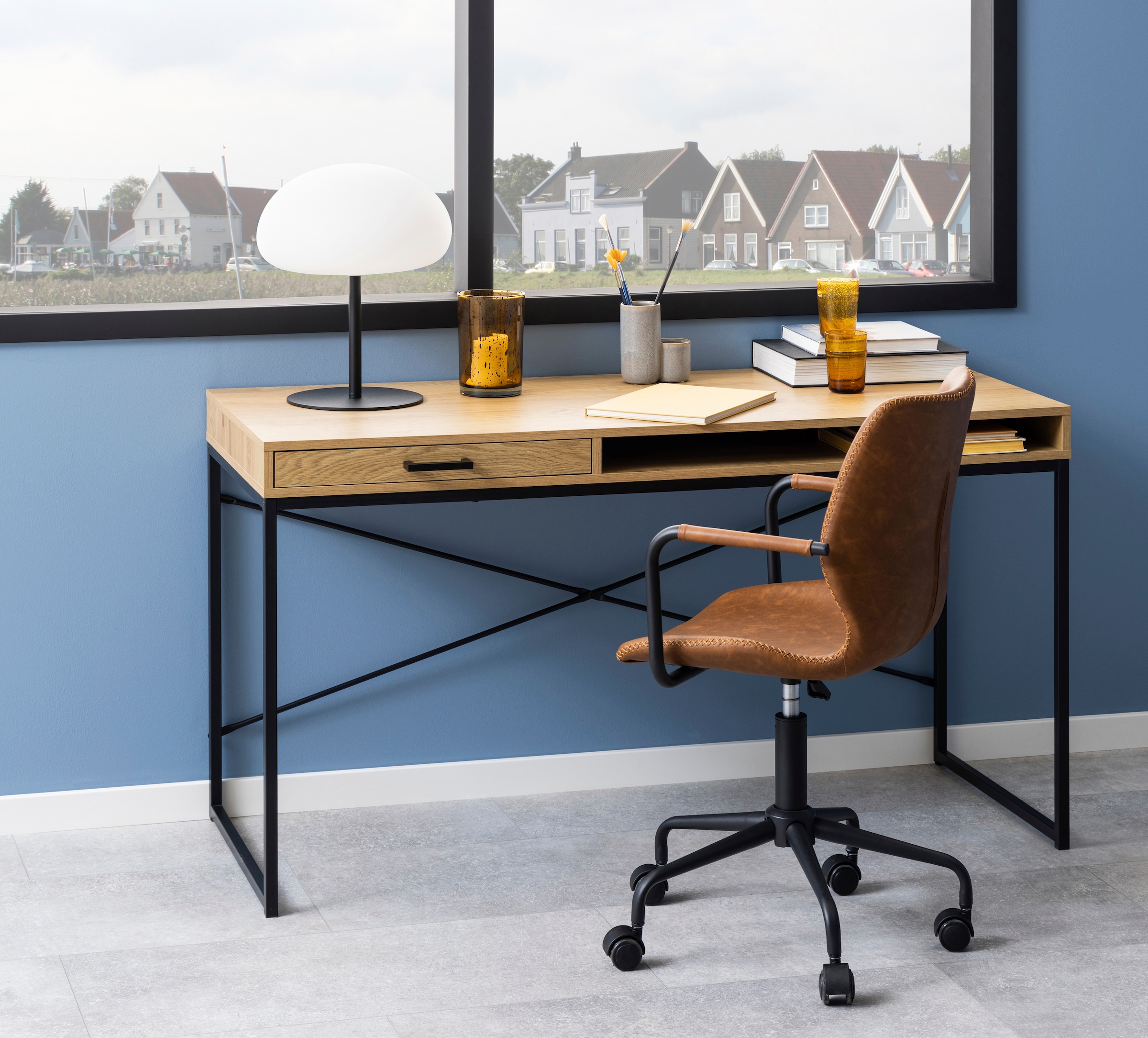 ACTONA GROUP Schreibtisch, Metallgestell, 1 Schublade und 1 offenem Fach, Breite 140 cm