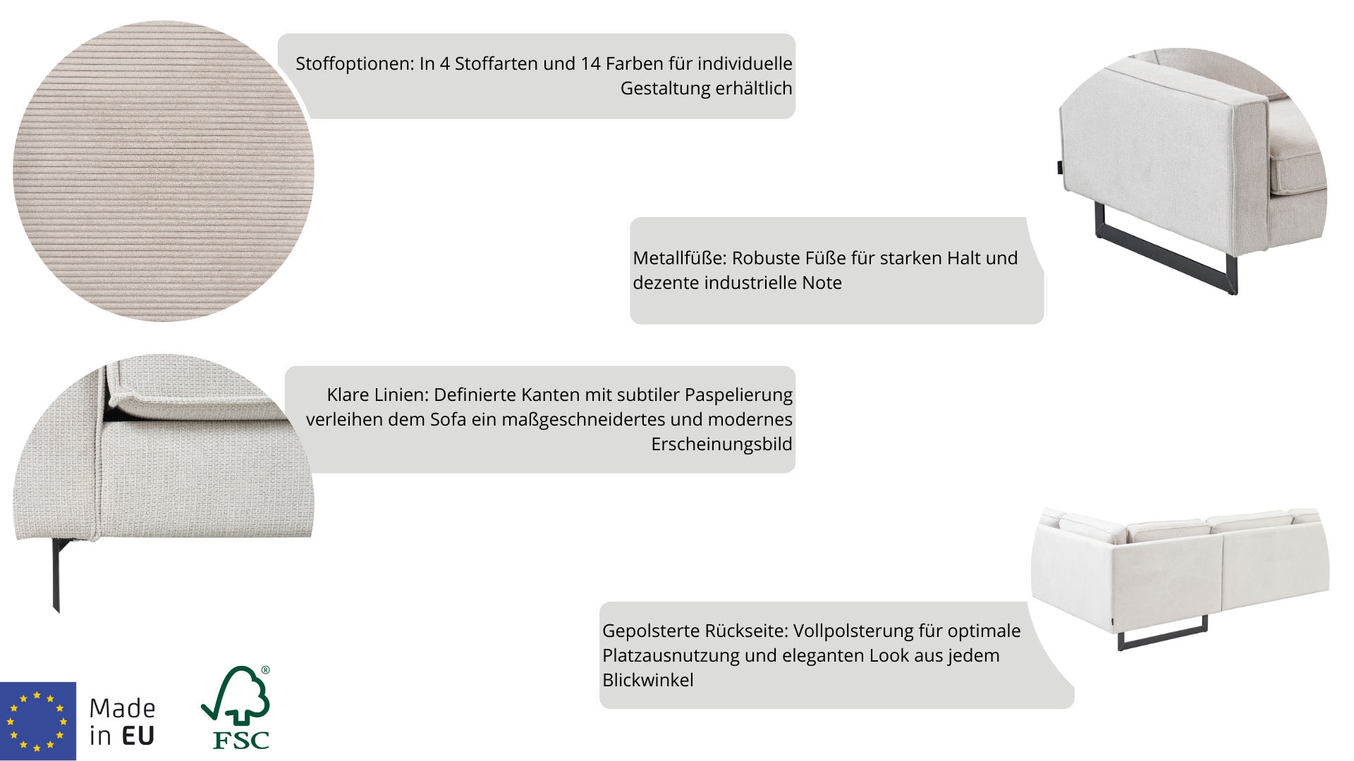 Places of Style Loveseat »Pinto«, mit Keder, Metallfüßen und auch in Cord Bezug erhältlich