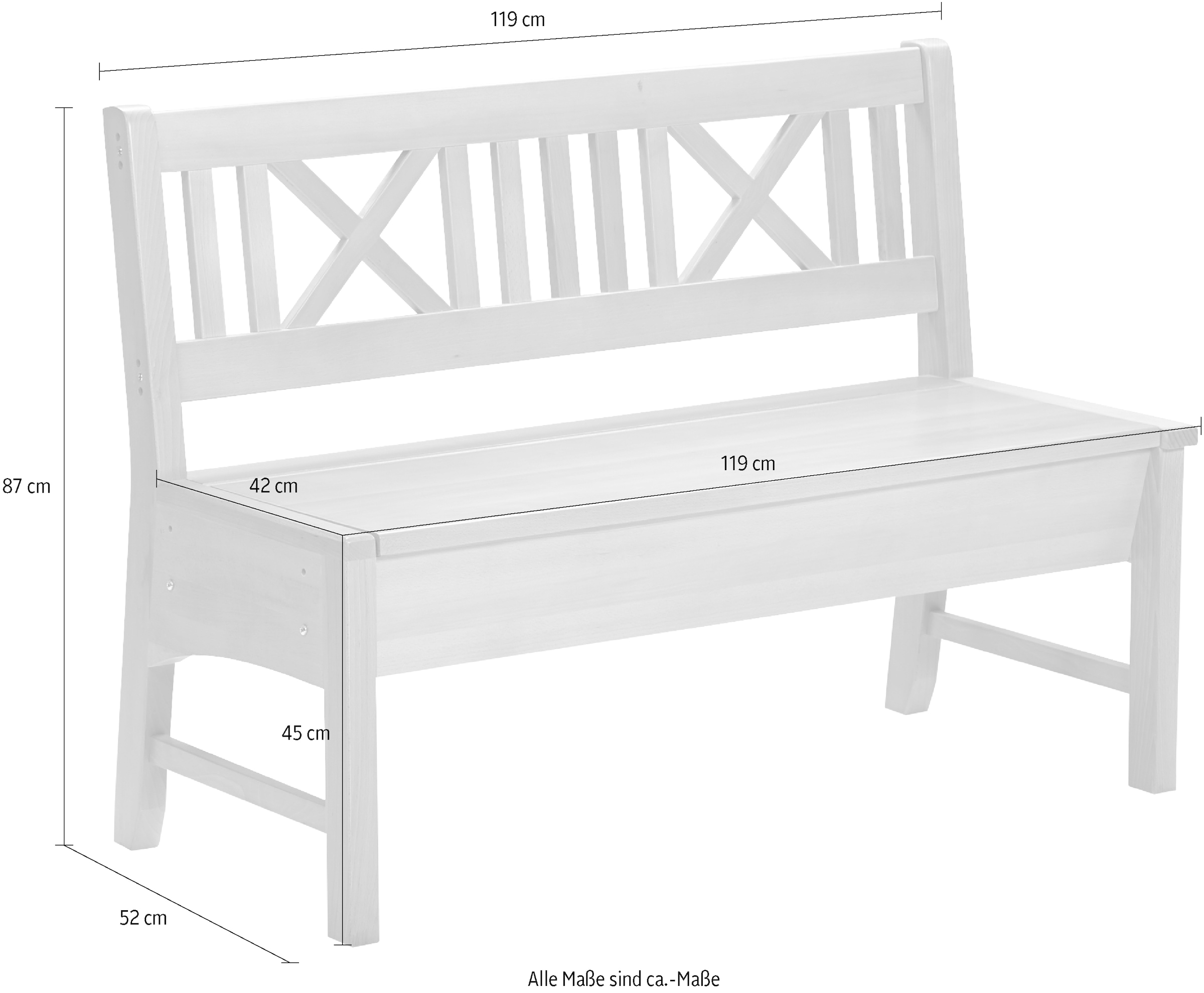 massivline&more Sitzbank »Bodensee, Truhenbank, Sitzbank mit Stauraum, Holzbank«, (2 St.), mit praktischer Truhenfunktion für zusätzlichen Stauraum,Länge:119 cm