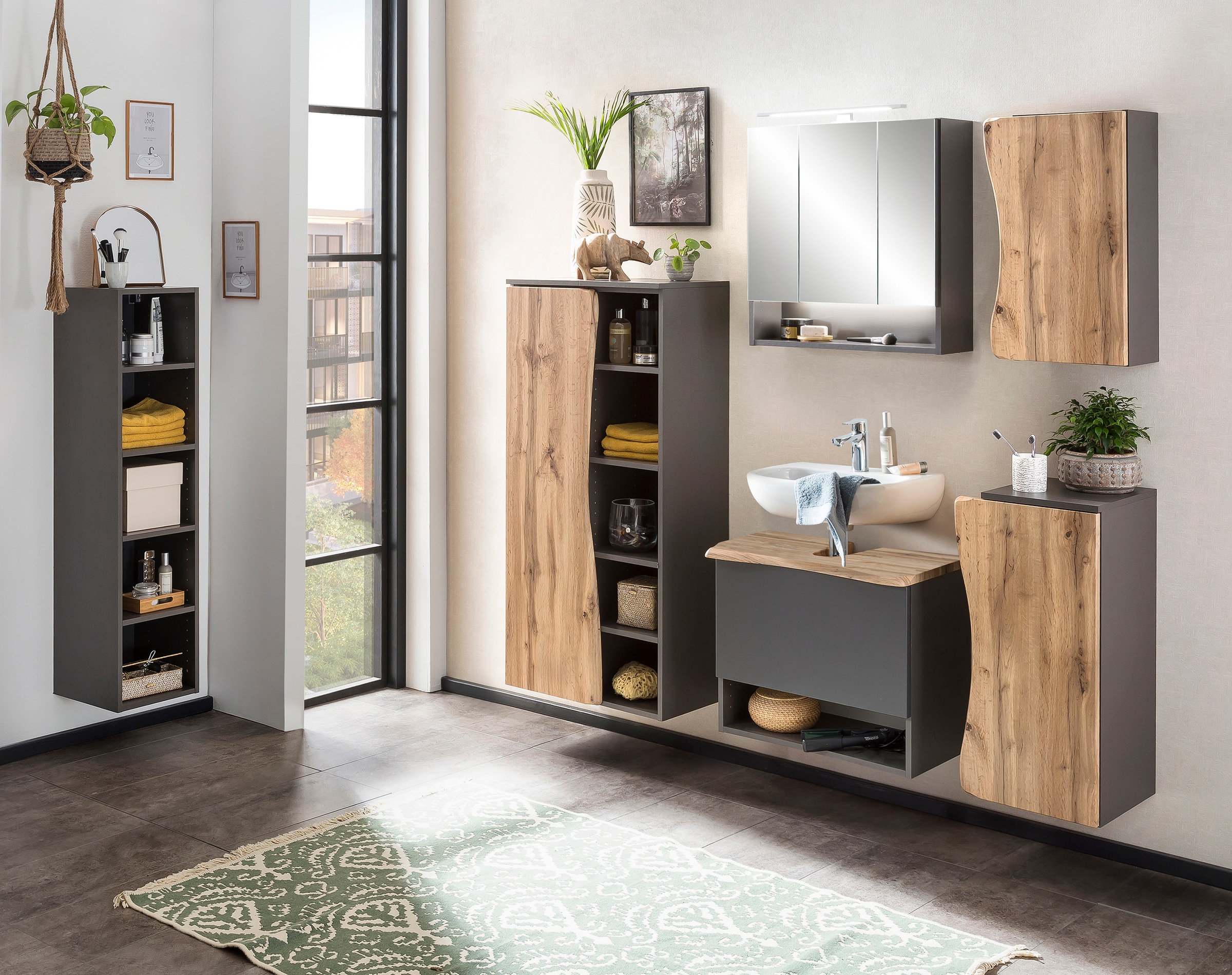welltime Waschbeckenunterschrank »Stubach«, Bad Schrank, Abdeckplatte mit Baumkante, Breite 60 cm