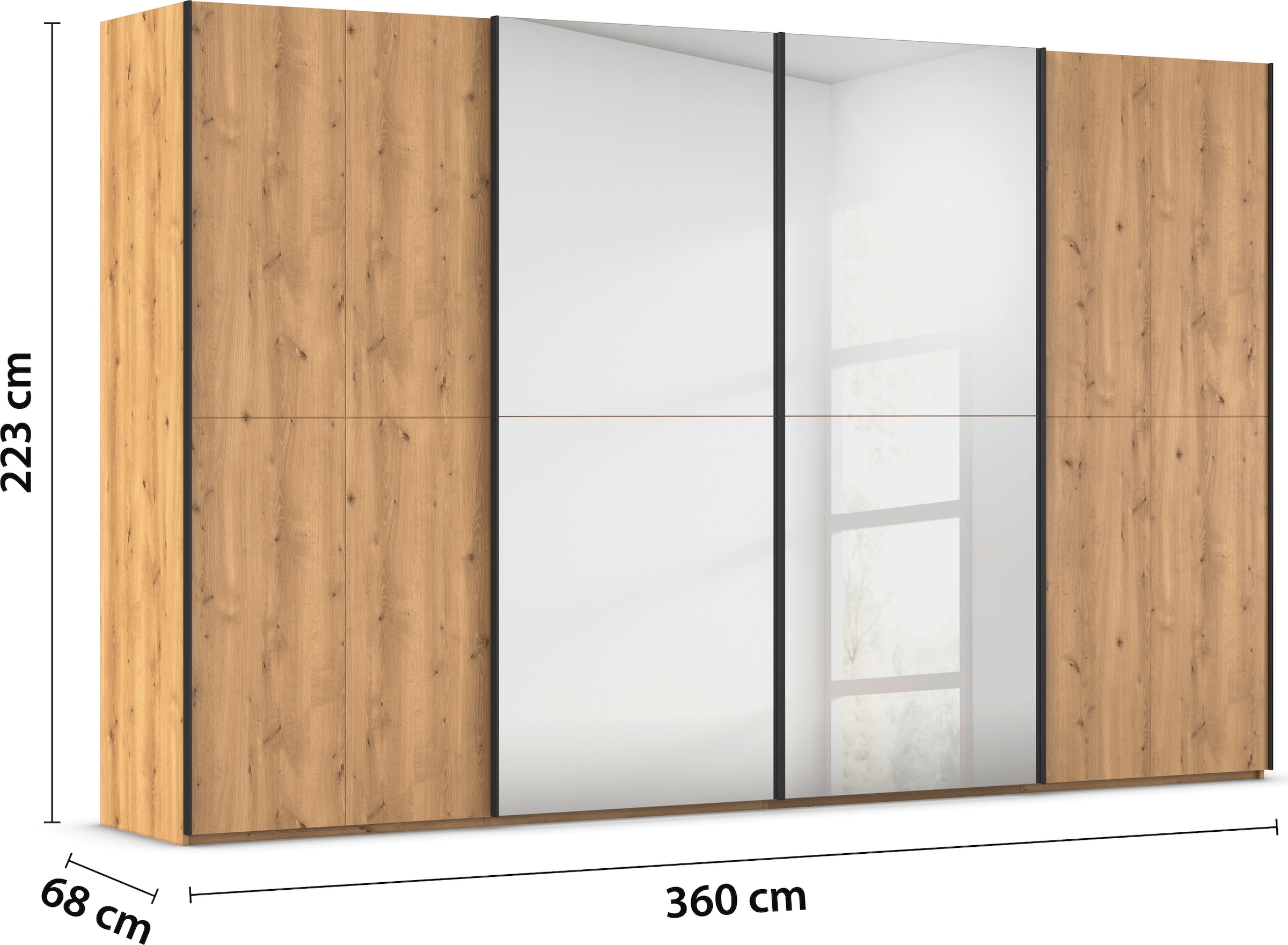rauch Schwebetürenschrank »Kleiderschrank Schrank Garderobe Schlafzimmerschrank SCALE-WOOD«, edle geteilte Front in massiver Asteiche mit Spiegel MADE IN GERMANY